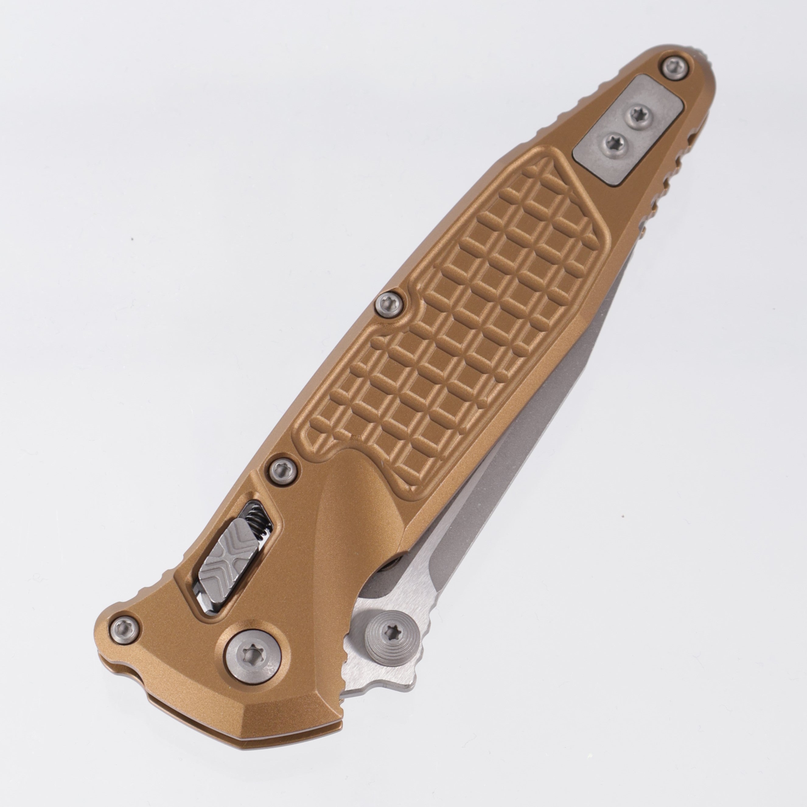 Microtech Socom Elite Ram-Lok Single Edge - Tan Frag Aluminum - Apocalyptic M390MK - 160RL-10 APFRTA