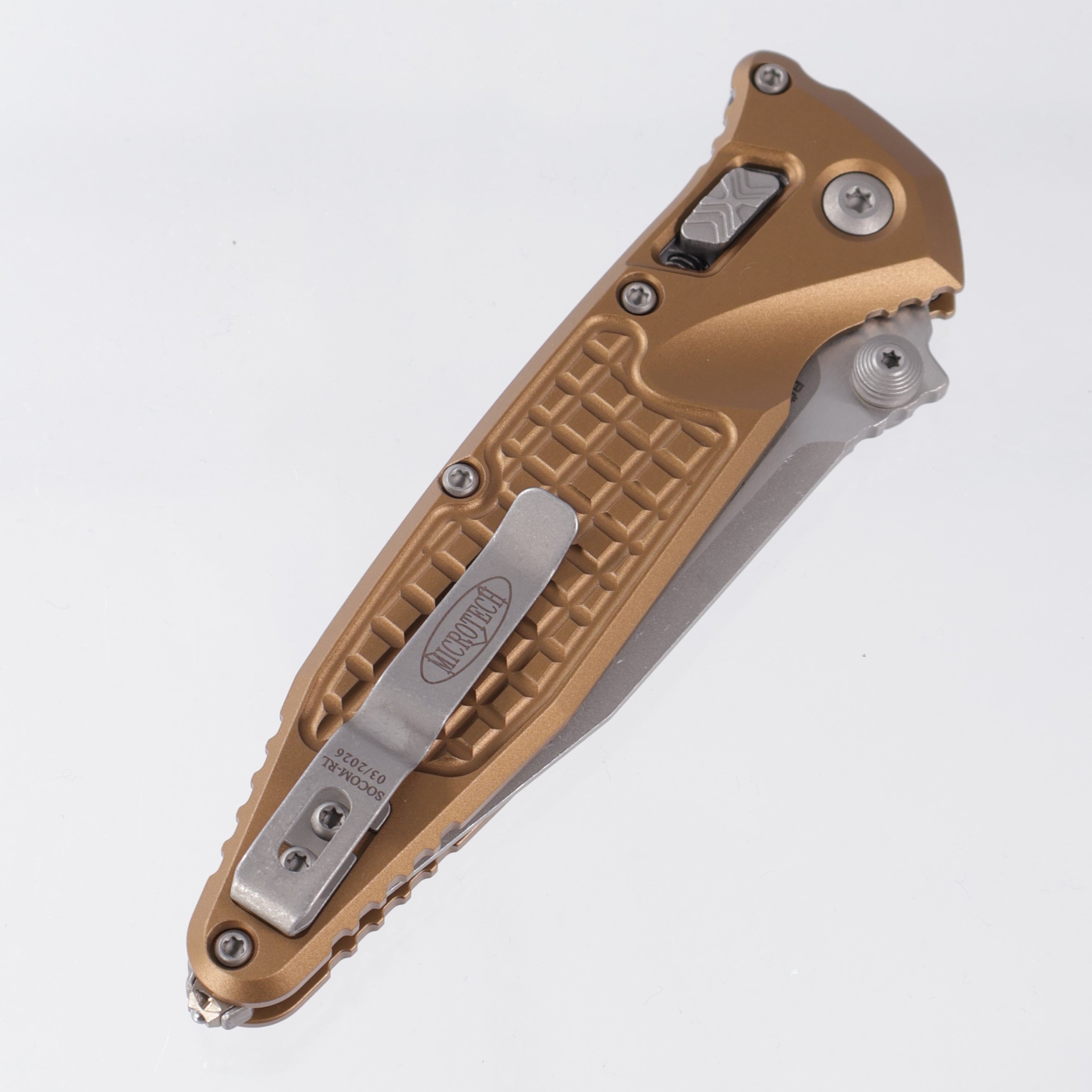 Microtech Socom Elite Ram-Lok Single Edge - Tan Frag Aluminum - Apocalyptic M390MK - 160RL-10 APFRTA