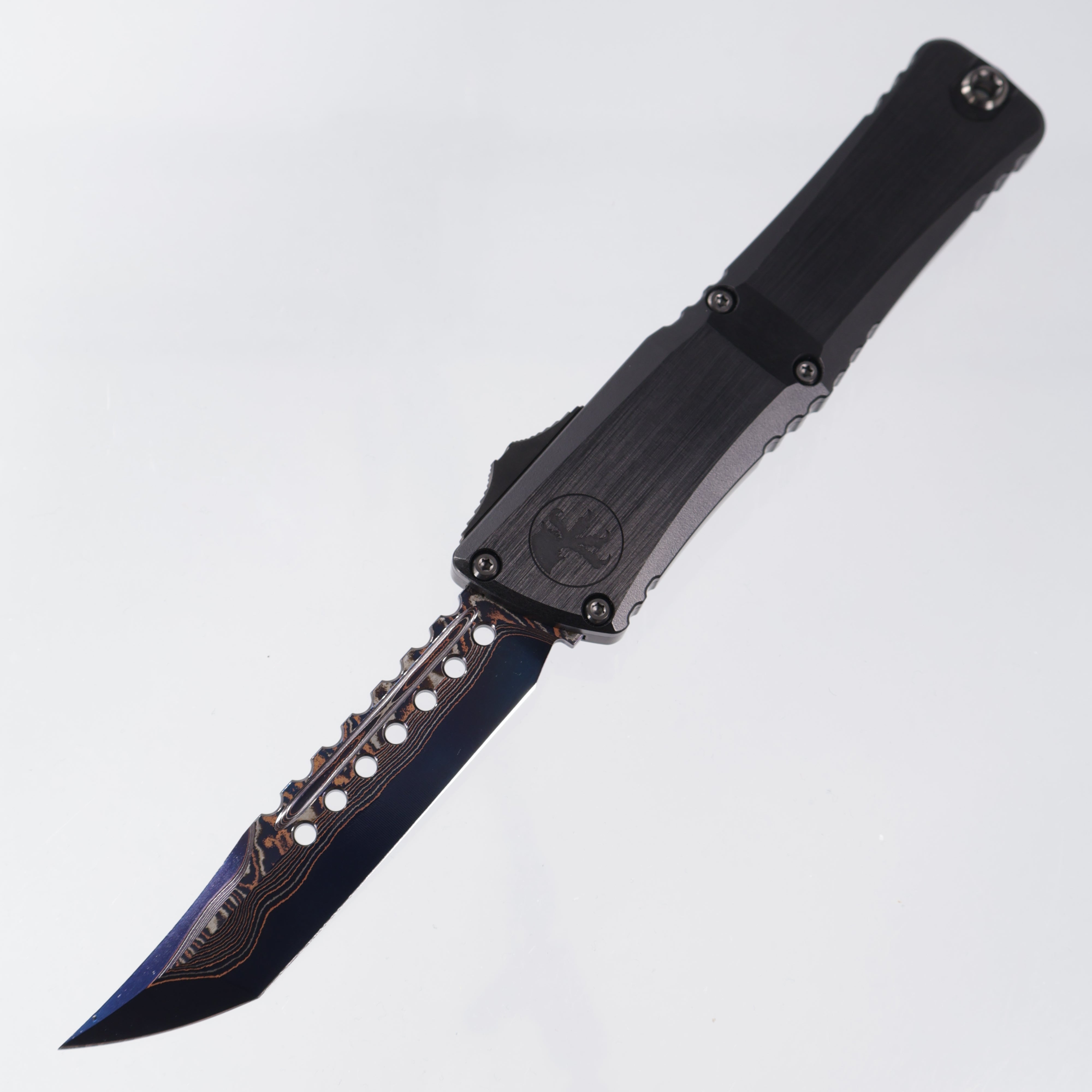 Microtech Combat Troodon Gen III Marfione Select Hellhound - Hefted Aluminum Chassis w/ Blue Titanium Glassbreak & DLC Hardware - Blued Baker Forge Coppermai Damascus - 1219-16MS2-
