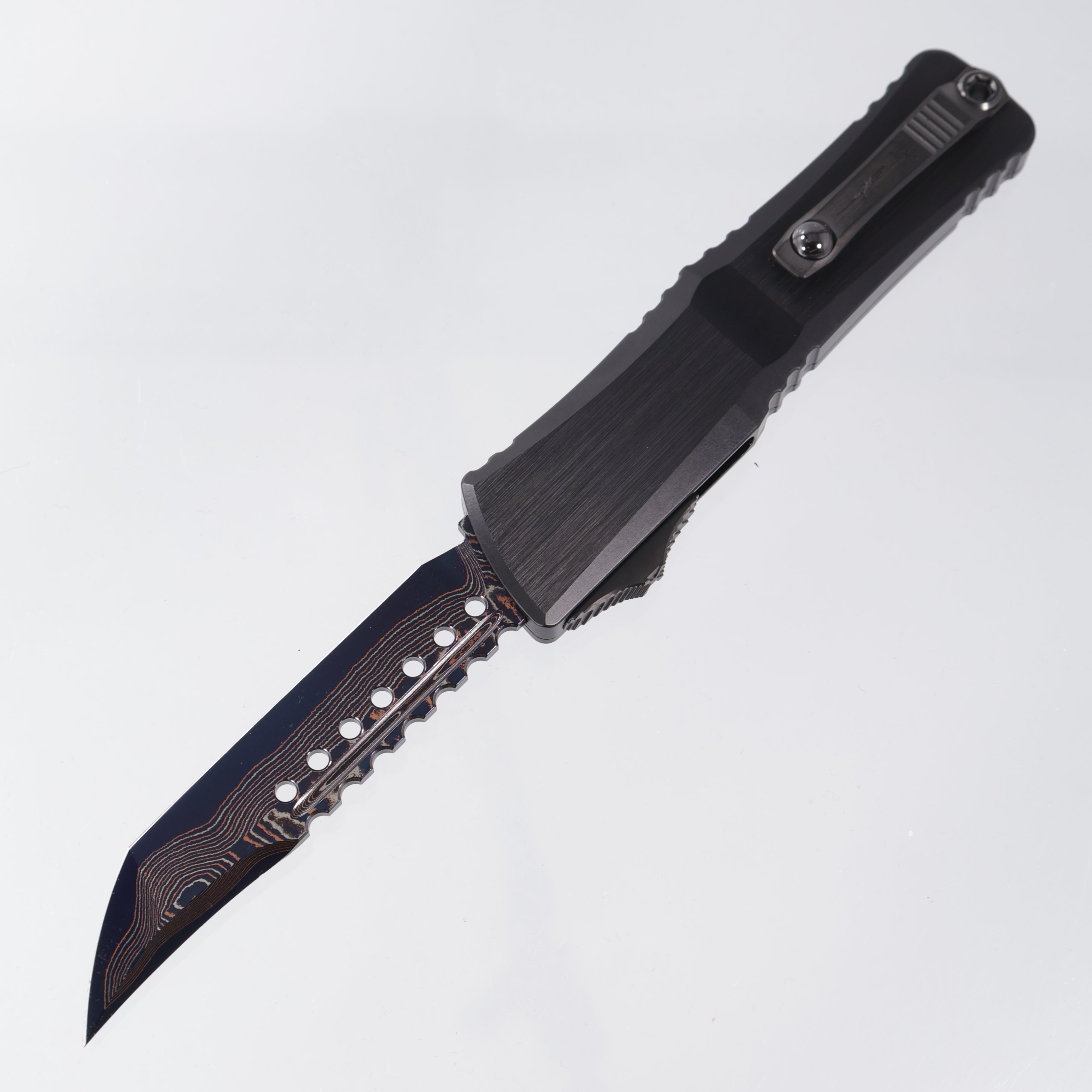 Microtech Combat Troodon Gen III Marfione Select Hellhound - Hefted Aluminum Chassis w/ Blue Titanium Glassbreak & DLC Hardware - Blued Baker Forge Coppermai Damascus - 1219-16MS2-
