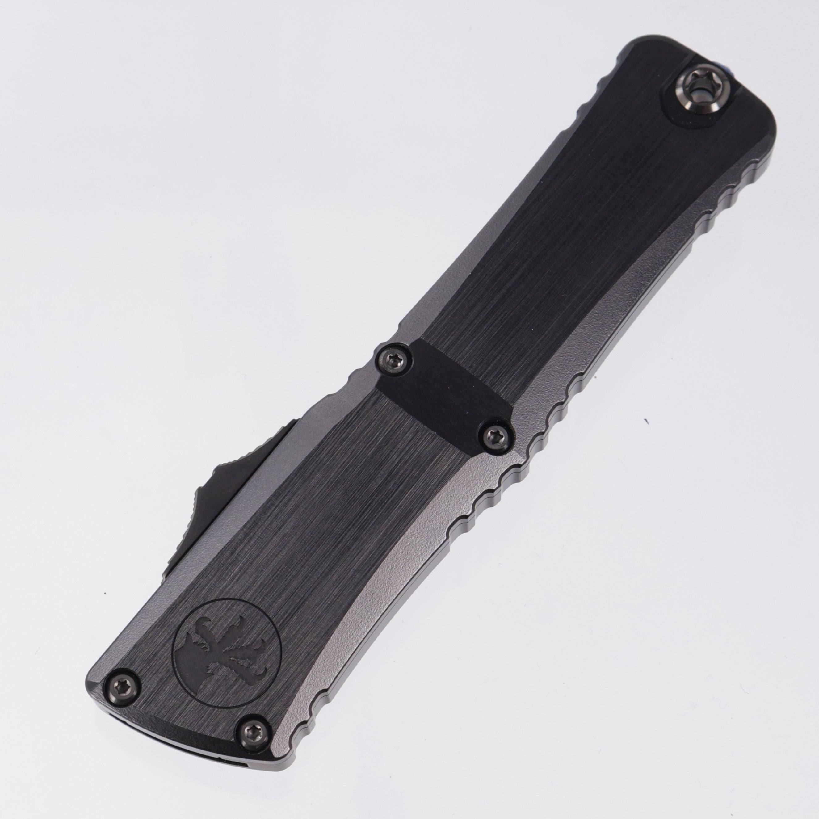 Microtech Combat Troodon Gen III Marfione Select Hellhound - Hefted Aluminum Chassis w/ Blue Titanium Glassbreak & DLC Hardware - Blued Baker Forge Coppermai Damascus - 1219-16MS2-