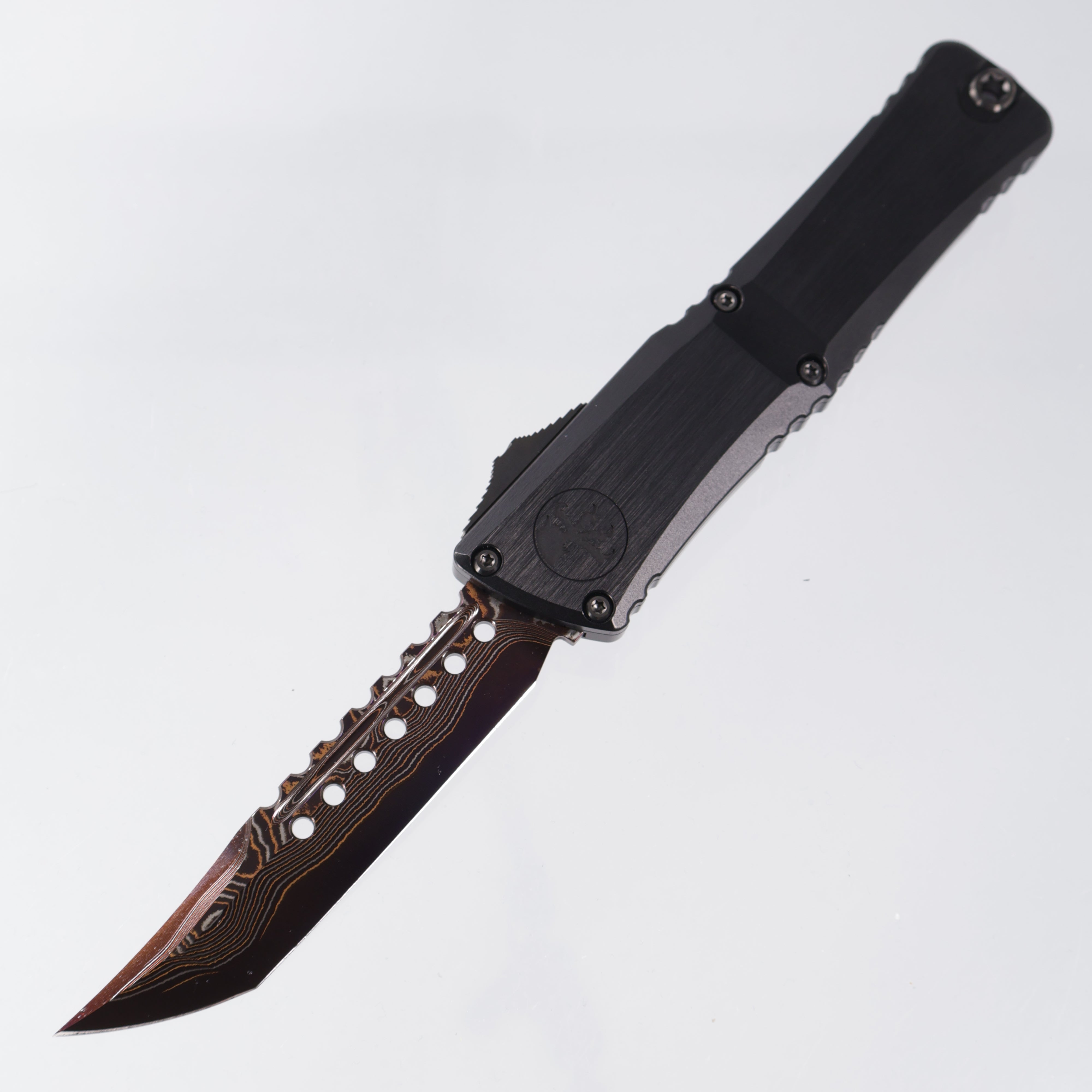 Microtech Combat Troodon Gen III Marfione Select Hellhound - Hefted Aluminum Chassis w/ Purple Titanium Glassbreak & DLC Hardware - Purple Baker Forge Coppermai Damascus - 1219-16MS3