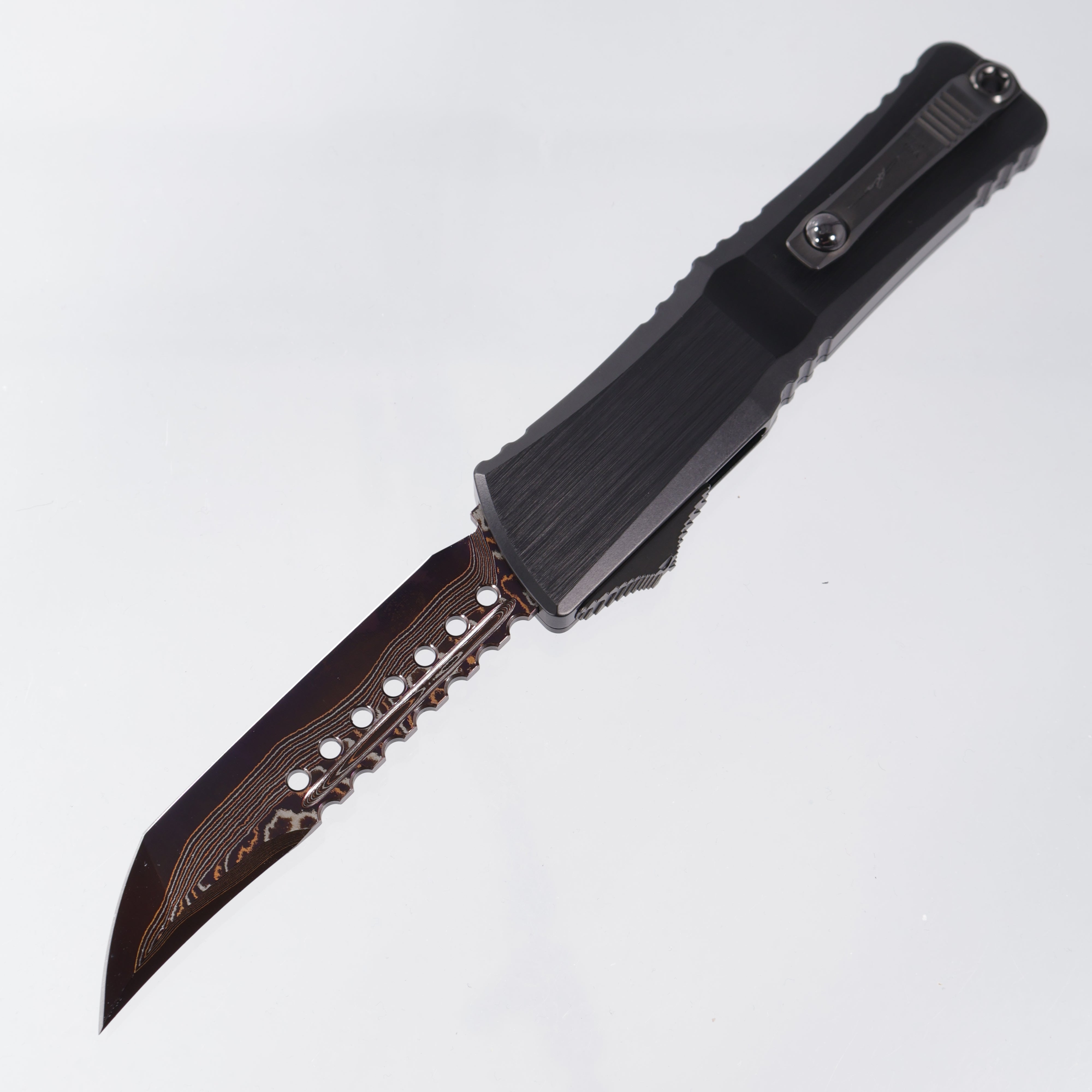 Microtech Combat Troodon Gen III Marfione Select Hellhound - Hefted Aluminum Chassis w/ Purple Titanium Glassbreak & DLC Hardware - Purple Baker Forge Coppermai Damascus - 1219-16MS3
