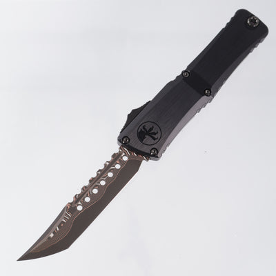 Microtech Combat Troodon Gen III Marfione Select Hellhound - Hefted Aluminum Chassis w/ Bronze Titanium Glassbreak & DLC Hardware - Etched Baker Forge Coppermai Damascus - 1219-16MS2-