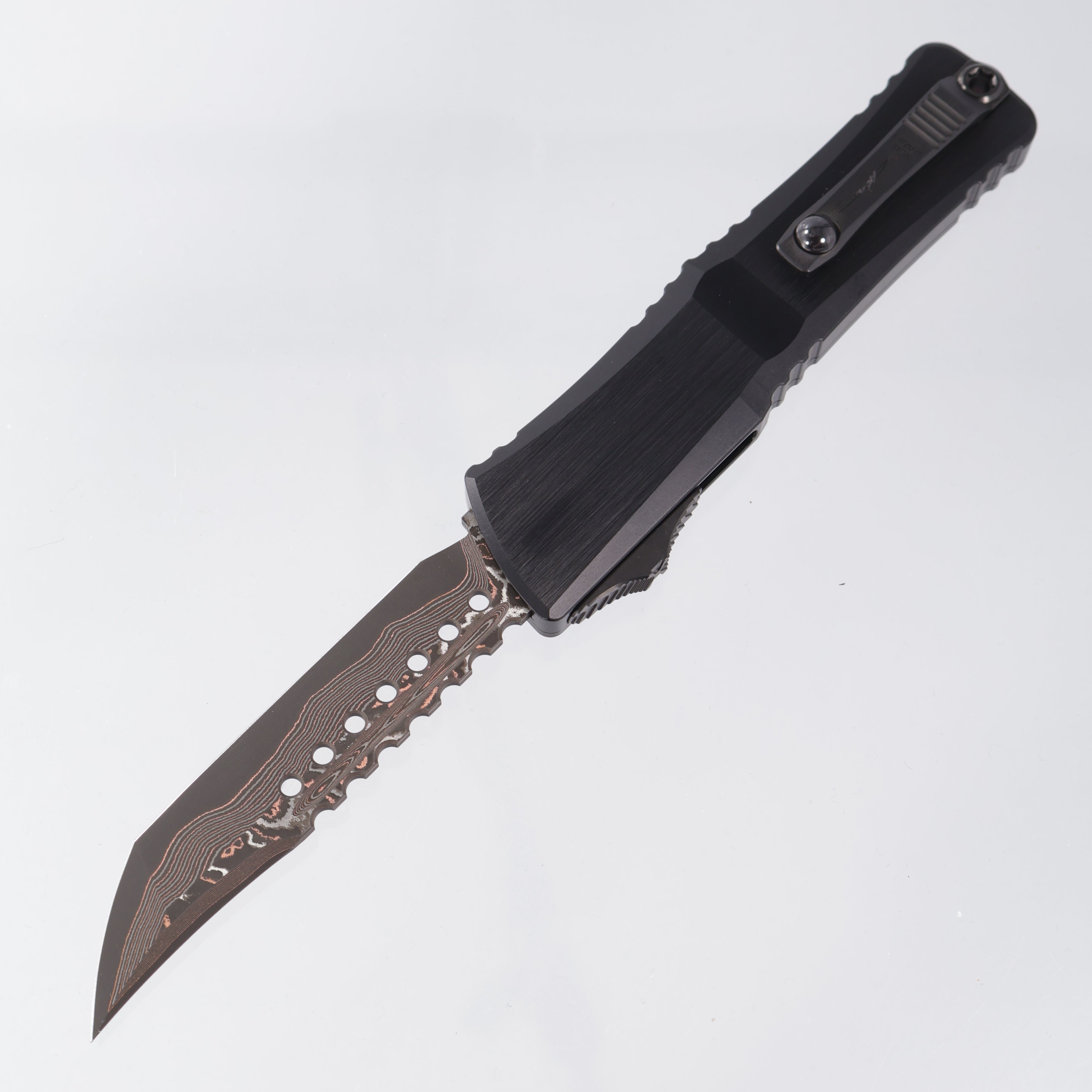 Microtech Combat Troodon Gen III Marfione Select Hellhound - Hefted Aluminum Chassis w/ Bronze Titanium Glassbreak & DLC Hardware - Etched Baker Forge Coppermai Damascus - 1219-16MS2-