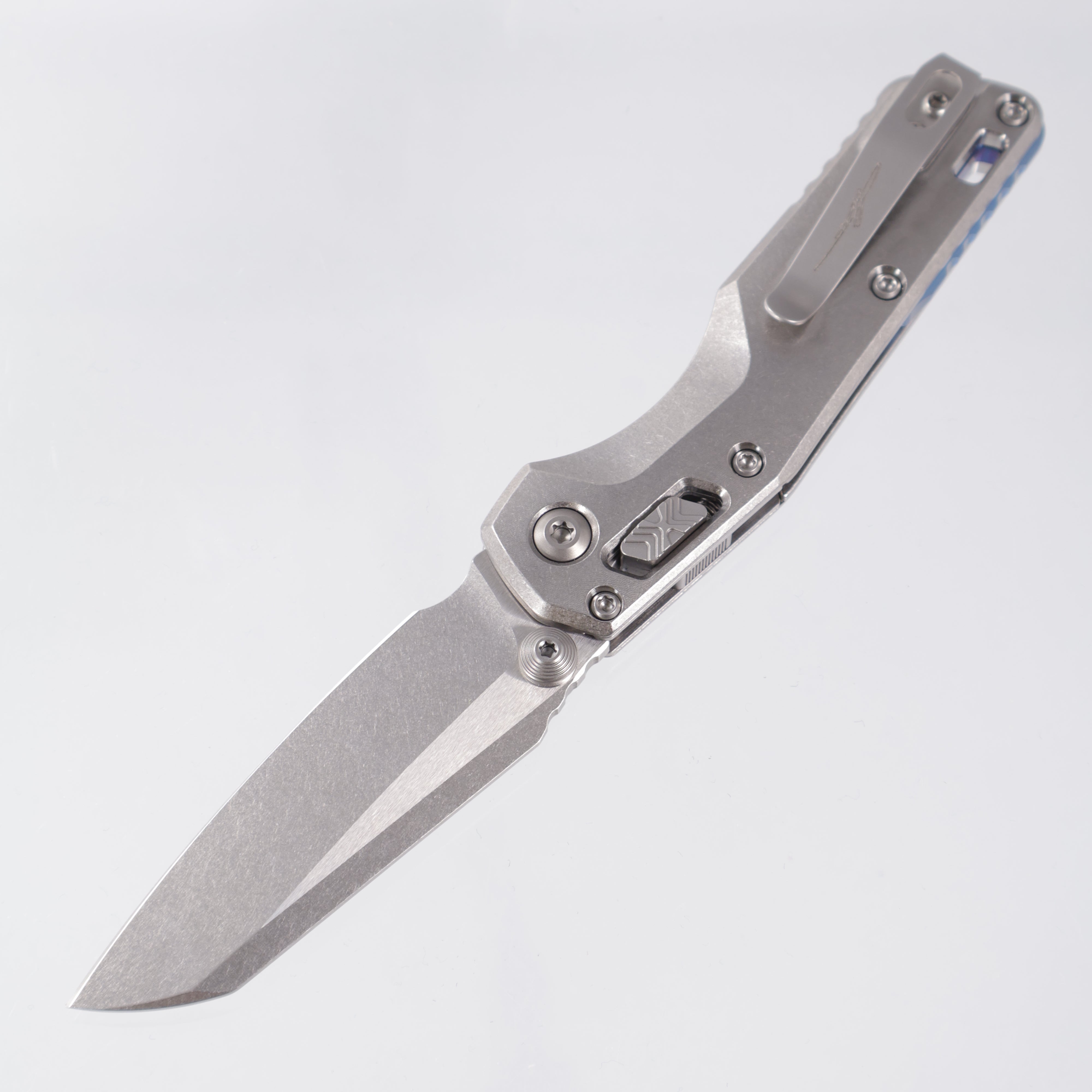Microtech Marfione Select MSI Mini - Stonewash Slab Side Titanium w/ Blue Titanium Accent & Double Vapor Blast Stainless Hardware - Stonewash M390MK - 210M-10MS3