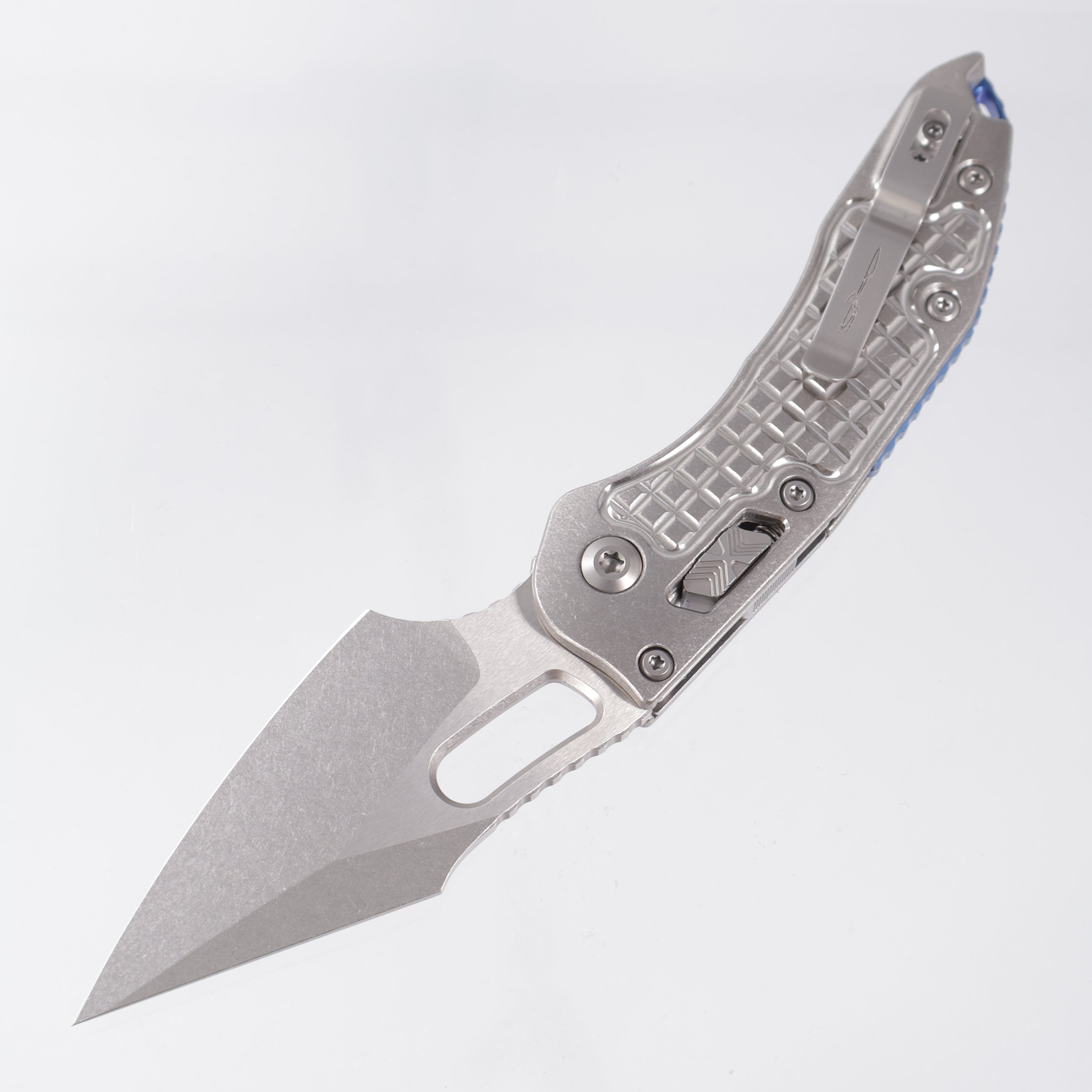 Microtech Marfione Select Stitch Ram-Lok - Stonewash Frag Pattern Titanium w/ Blue Titanium Accent & Double Vapor Blast Stainless Hardware - Stonewash M390MK - 169RL-10FRMS2