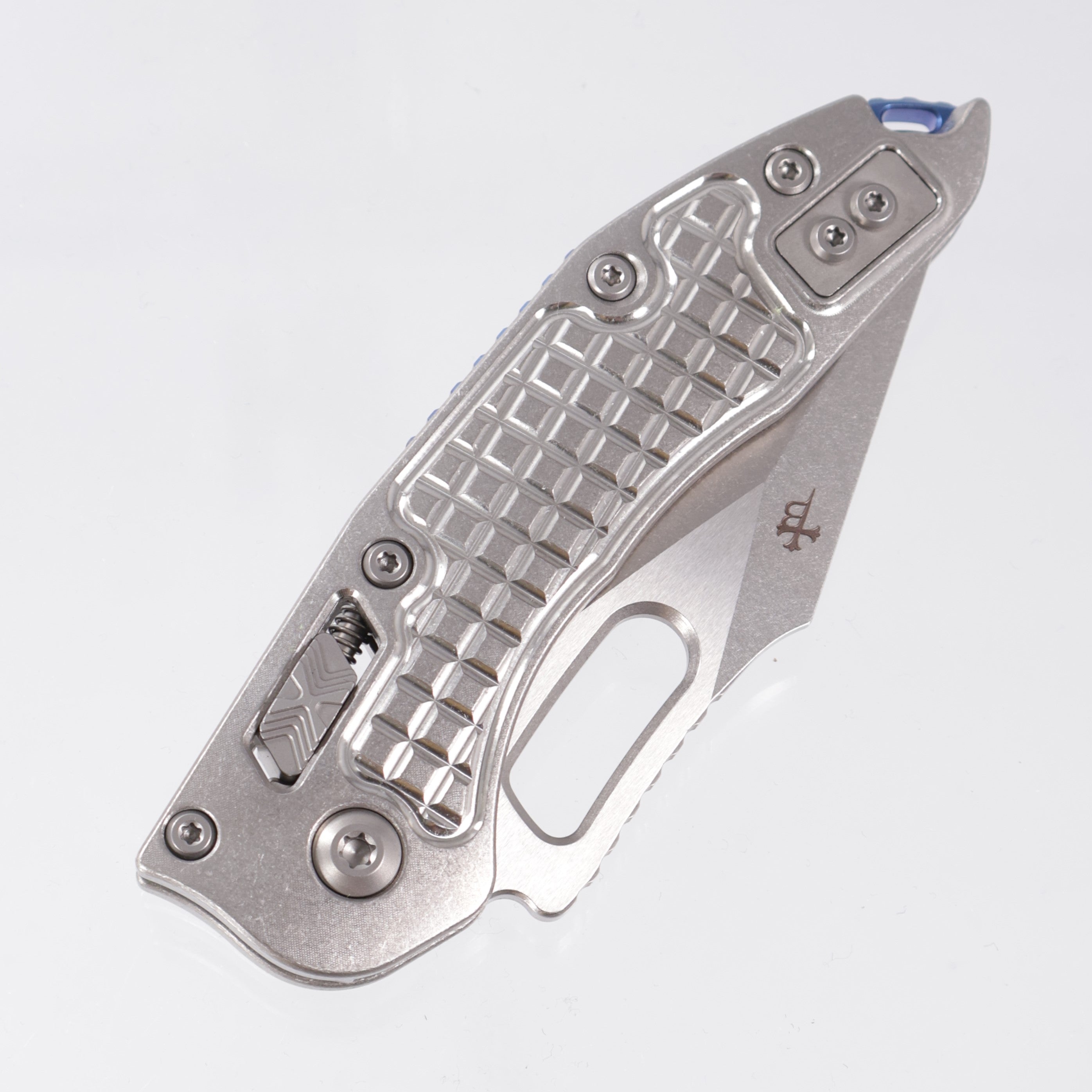 Microtech Marfione Select Stitch Ram-Lok - Stonewash Frag Pattern Titanium w/ Blue Titanium Accent & Double Vapor Blast Stainless Hardware - Stonewash M390MK - 169RL-10FRMS2