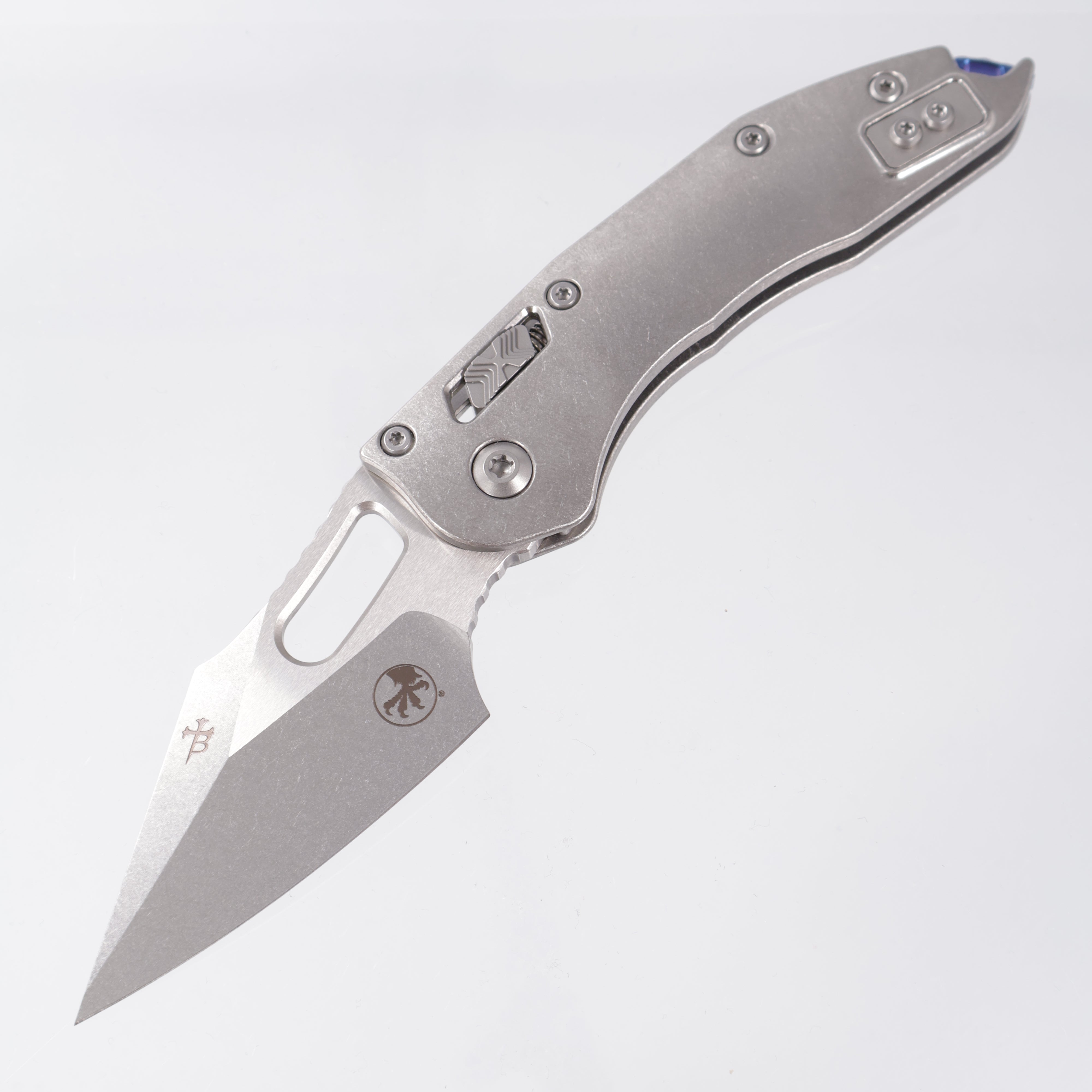 Microtech Marfione Select Stitch Ram-Lok - Stonewash Slab Side Titanium w/ Blue Titanium Accent & Double Vapor Blast Stainless Hardware - Stonewash M390MK - 169RL-10MS2