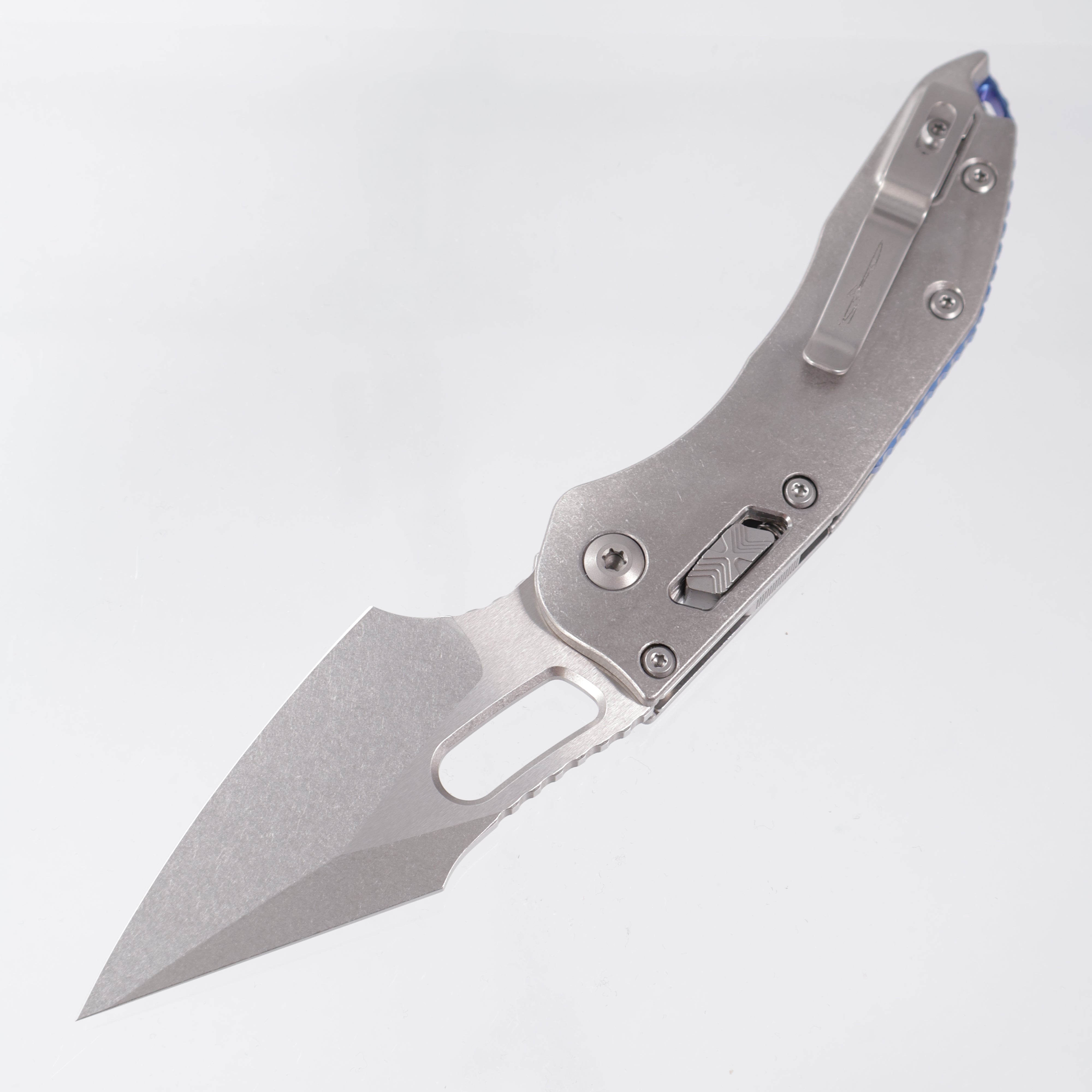 Microtech Marfione Select Stitch Ram-Lok - Stonewash Slab Side Titanium w/ Blue Titanium Accent & Double Vapor Blast Stainless Hardware - Stonewash M390MK - 169RL-10MS2