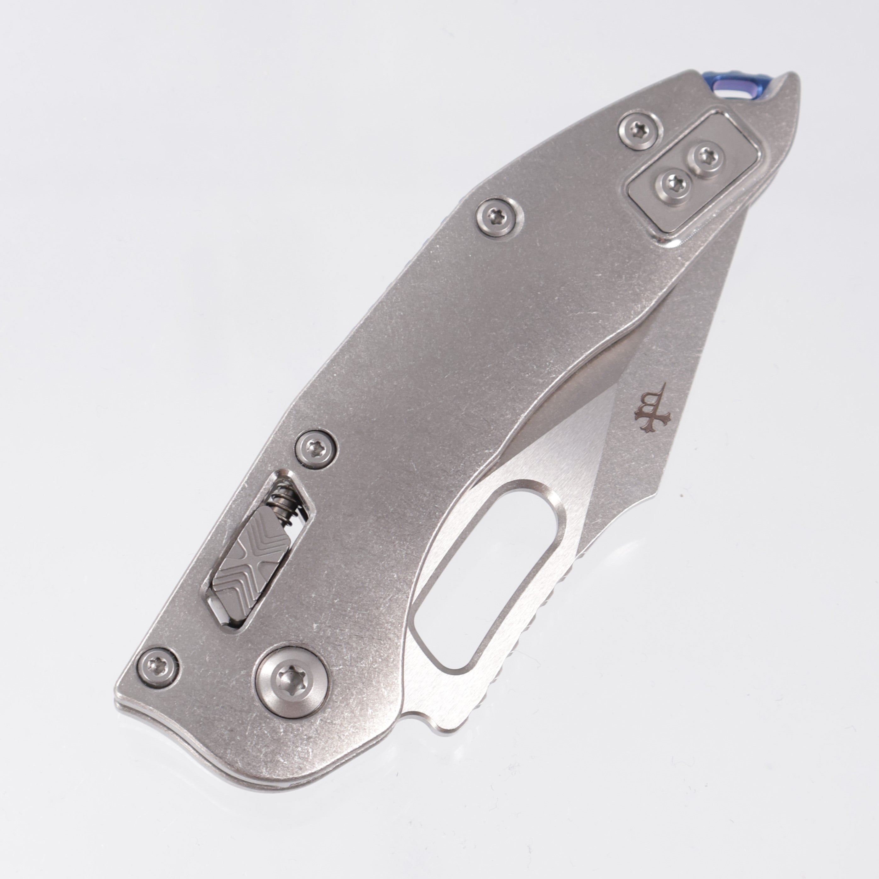 Microtech Marfione Select Stitch Ram-Lok - Stonewash Slab Side Titanium w/ Blue Titanium Accent & Double Vapor Blast Stainless Hardware - Stonewash M390MK - 169RL-10MS2
