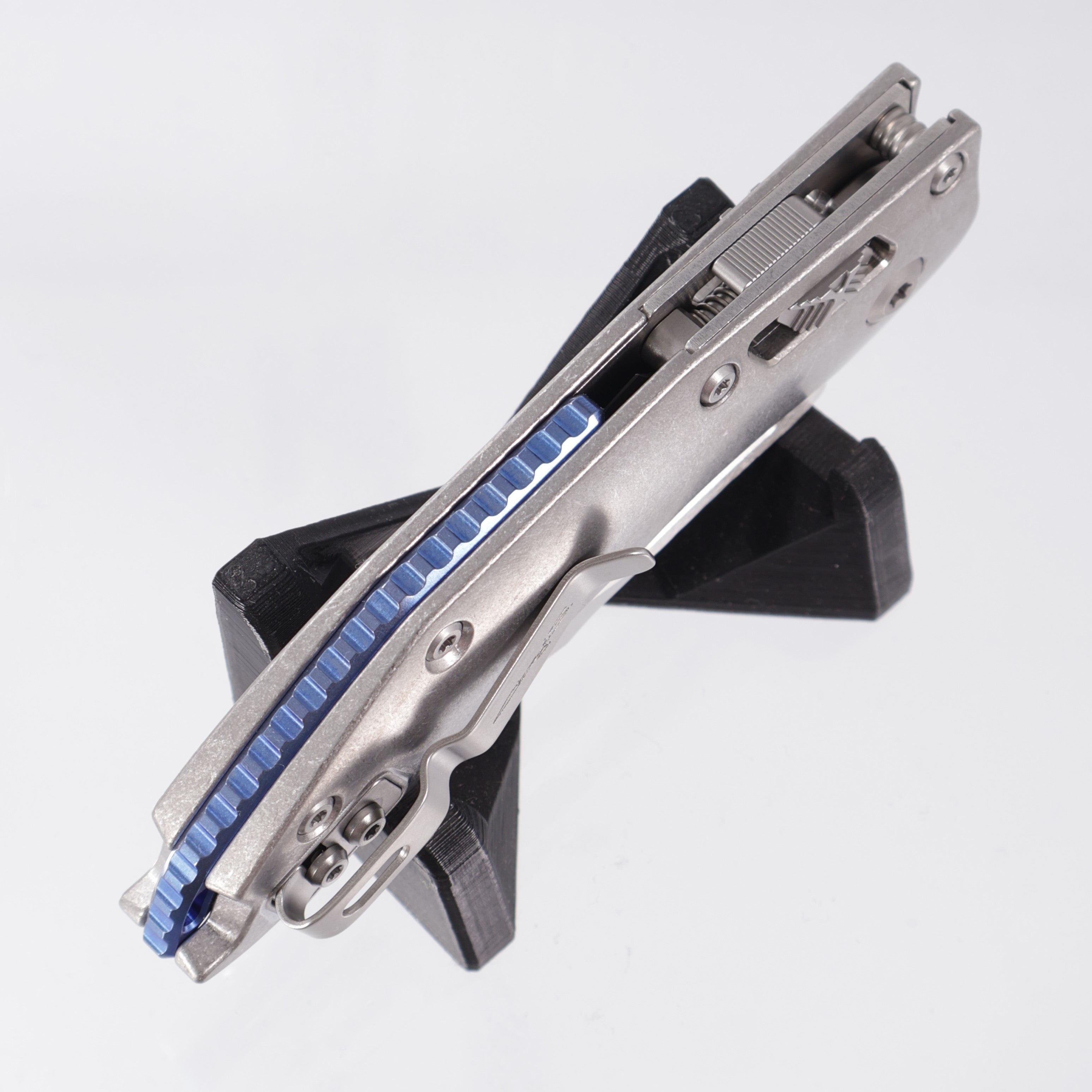 Microtech Marfione Select Stitch Ram-Lok - Stonewash Slab Side Titanium w/ Blue Titanium Accent & Double Vapor Blast Stainless Hardware - Stonewash M390MK - 169RL-10MS2