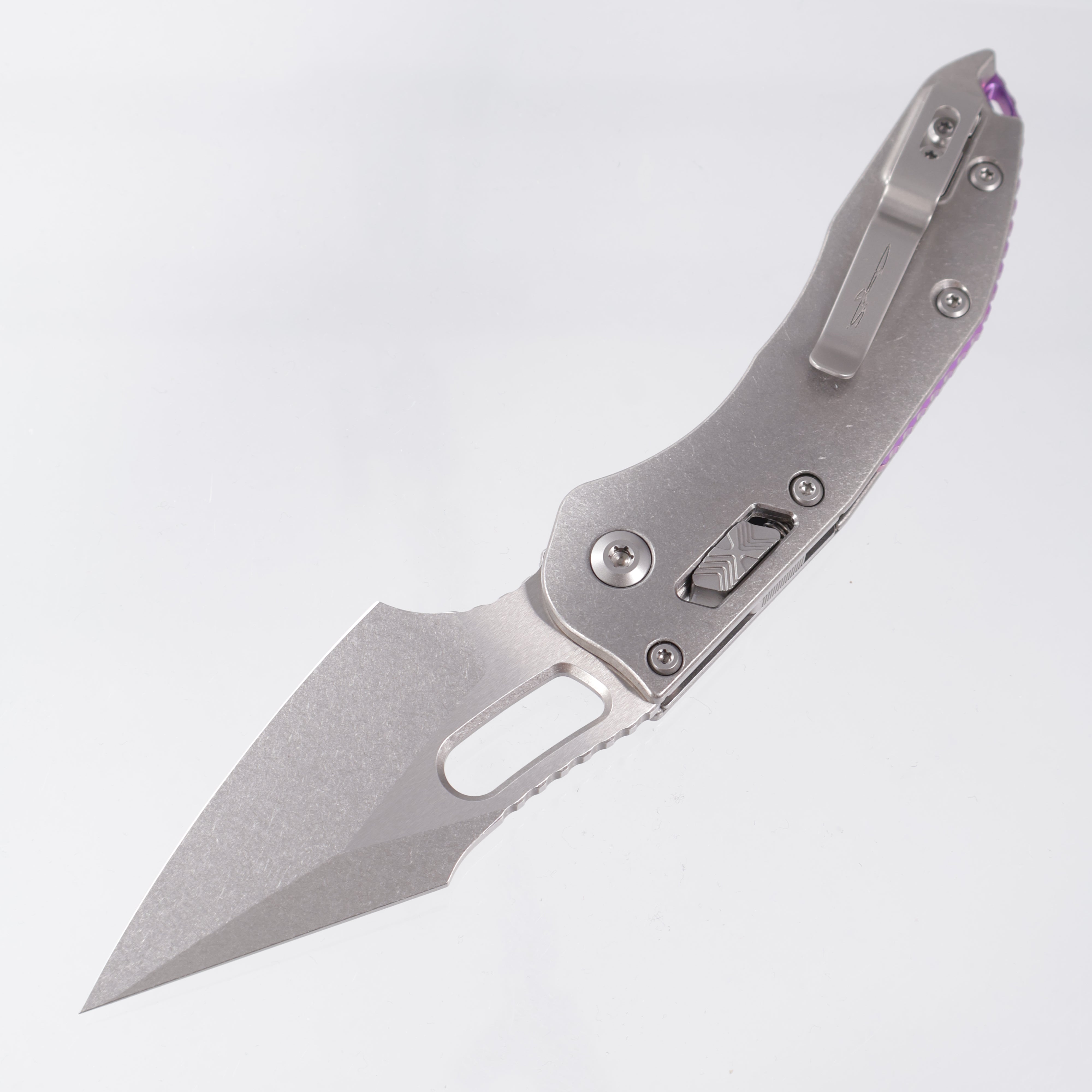 Microtech Marfione Select Stitch Ram-Lok - Stonewash Slab Side Titanium w/ Purple Titanium Accent & Double Vapor Blast Stainless Hardware - Stonewash M390MK - 169RL-10MS3