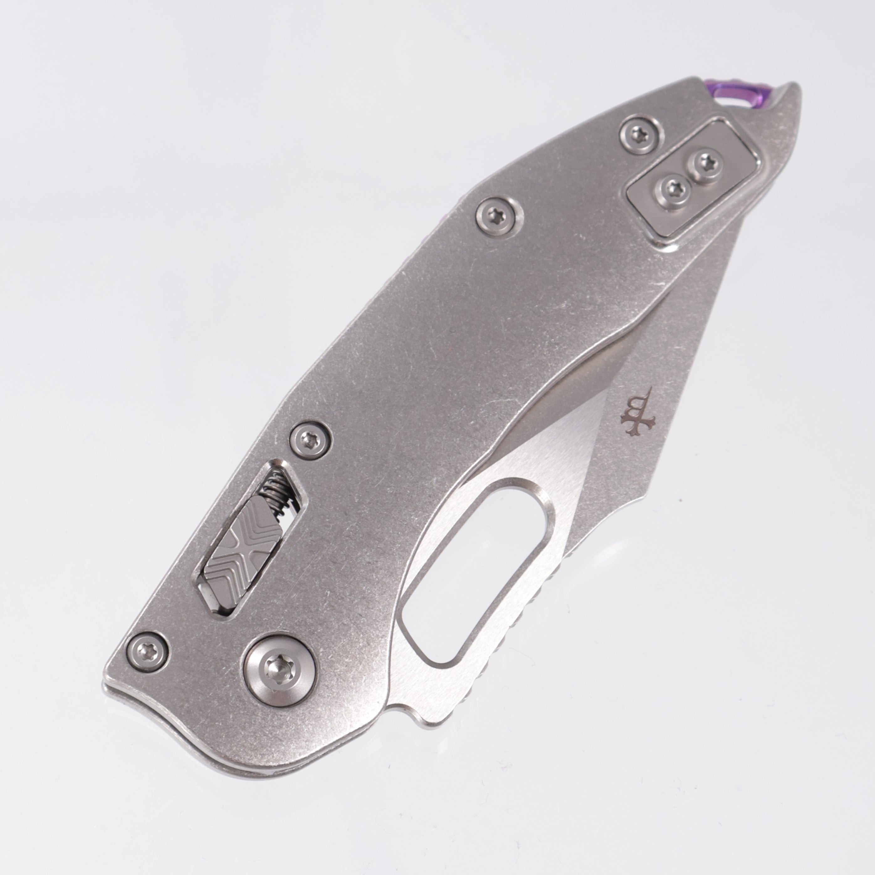 Microtech Marfione Select Stitch Ram-Lok - Stonewash Slab Side Titanium w/ Purple Titanium Accent & Double Vapor Blast Stainless Hardware - Stonewash M390MK - 169RL-10MS3
