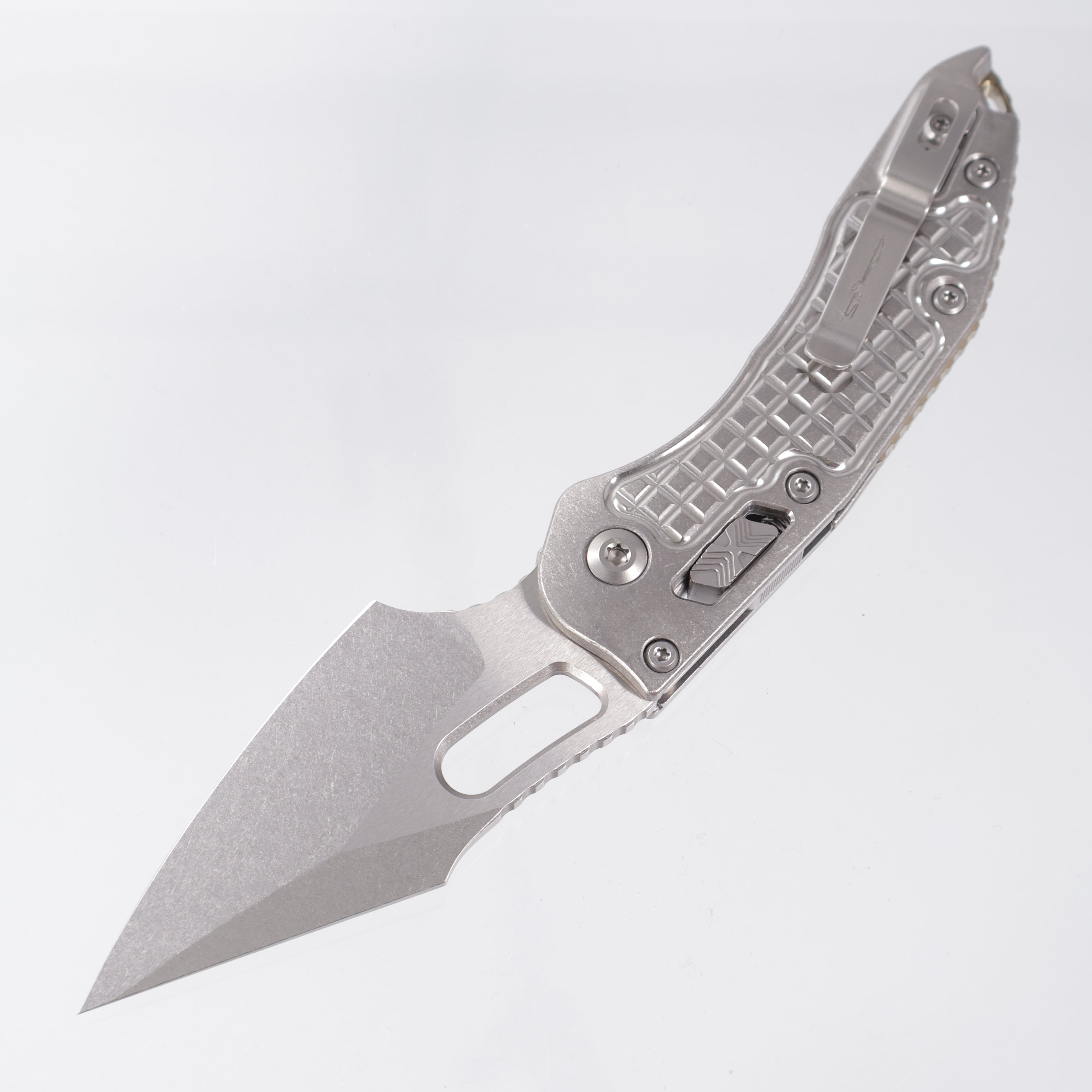 Microtech Marfione Select Stitch Ram-Lok - Stonewash Frag Pattern Titanium w/ Bronze Titanium Accent & Double Vapor Blast Stainless Hardware - Stonewash M390MK - 169RL-10FRMS1