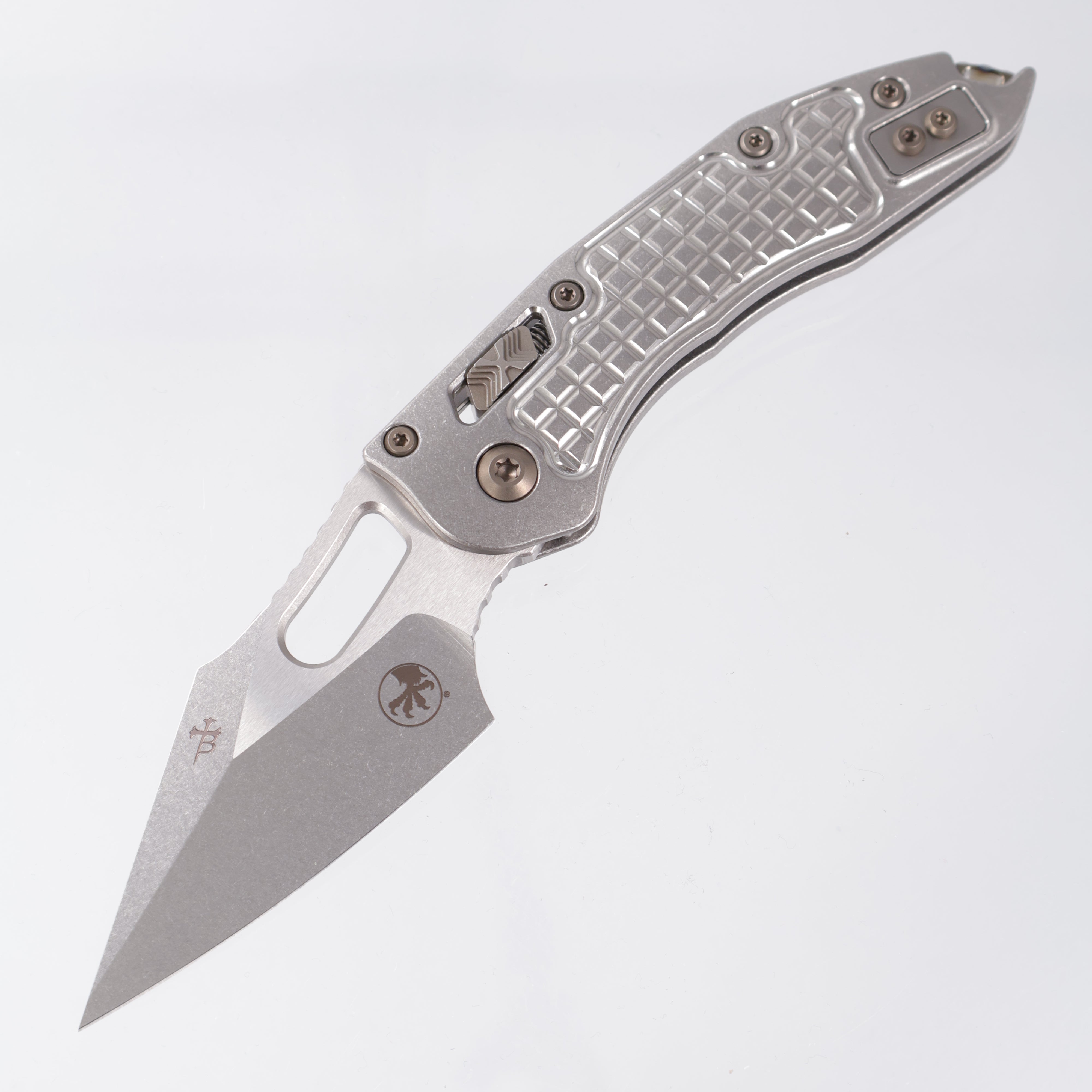 Microtech Marfione Select Stitch Ram-Lok - Stonewash Frag Pattern Titanium w/ Flamed Titanium Accent & Bronze Double Vapor Blast Stainless Hardware - Stonewash M390MK - 169RL-10FRMS4