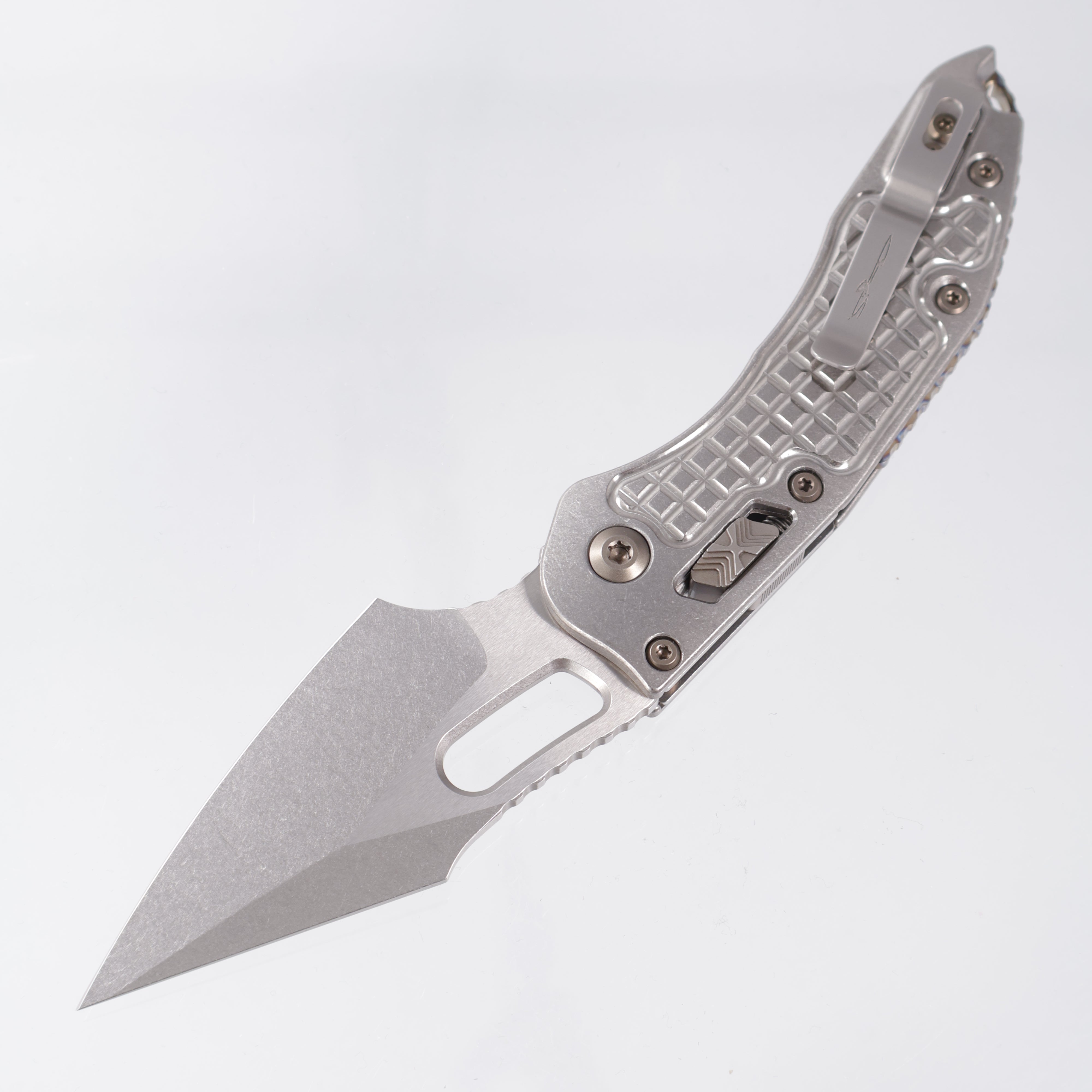 Microtech Marfione Select Stitch Ram-Lok - Stonewash Frag Pattern Titanium w/ Flamed Titanium Accent & Bronze Double Vapor Blast Stainless Hardware - Stonewash M390MK - 169RL-10FRMS4