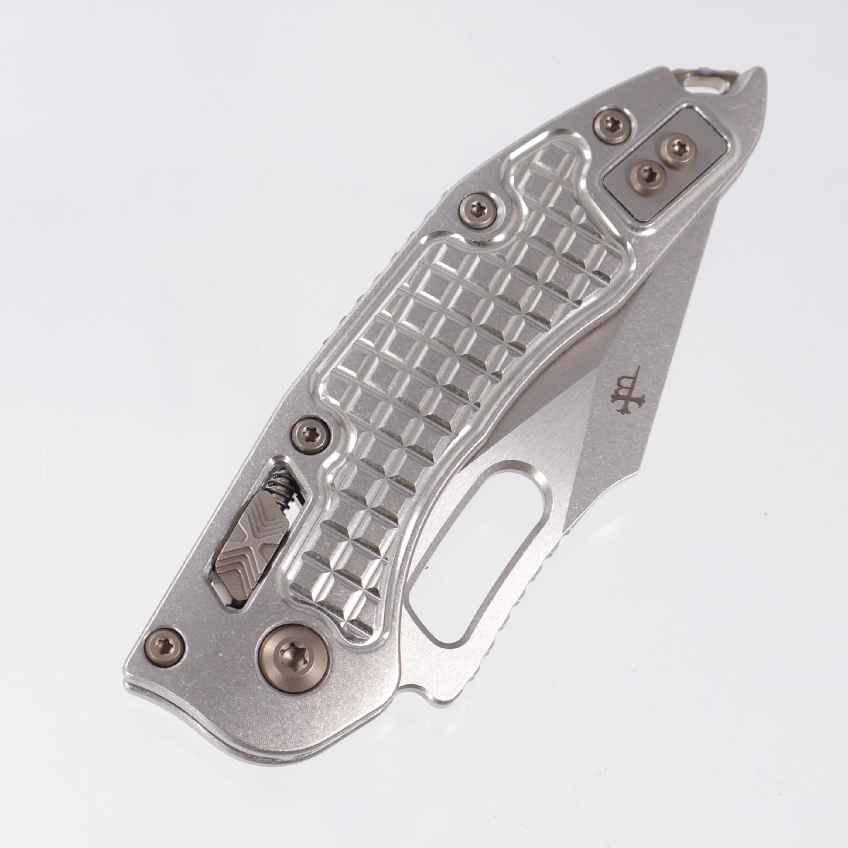Microtech Marfione Select Stitch Ram-Lok - Stonewash Frag Pattern Titanium w/ Flamed Titanium Accent & Bronze Double Vapor Blast Stainless Hardware - Stonewash M390MK - 169RL-10FRMS4