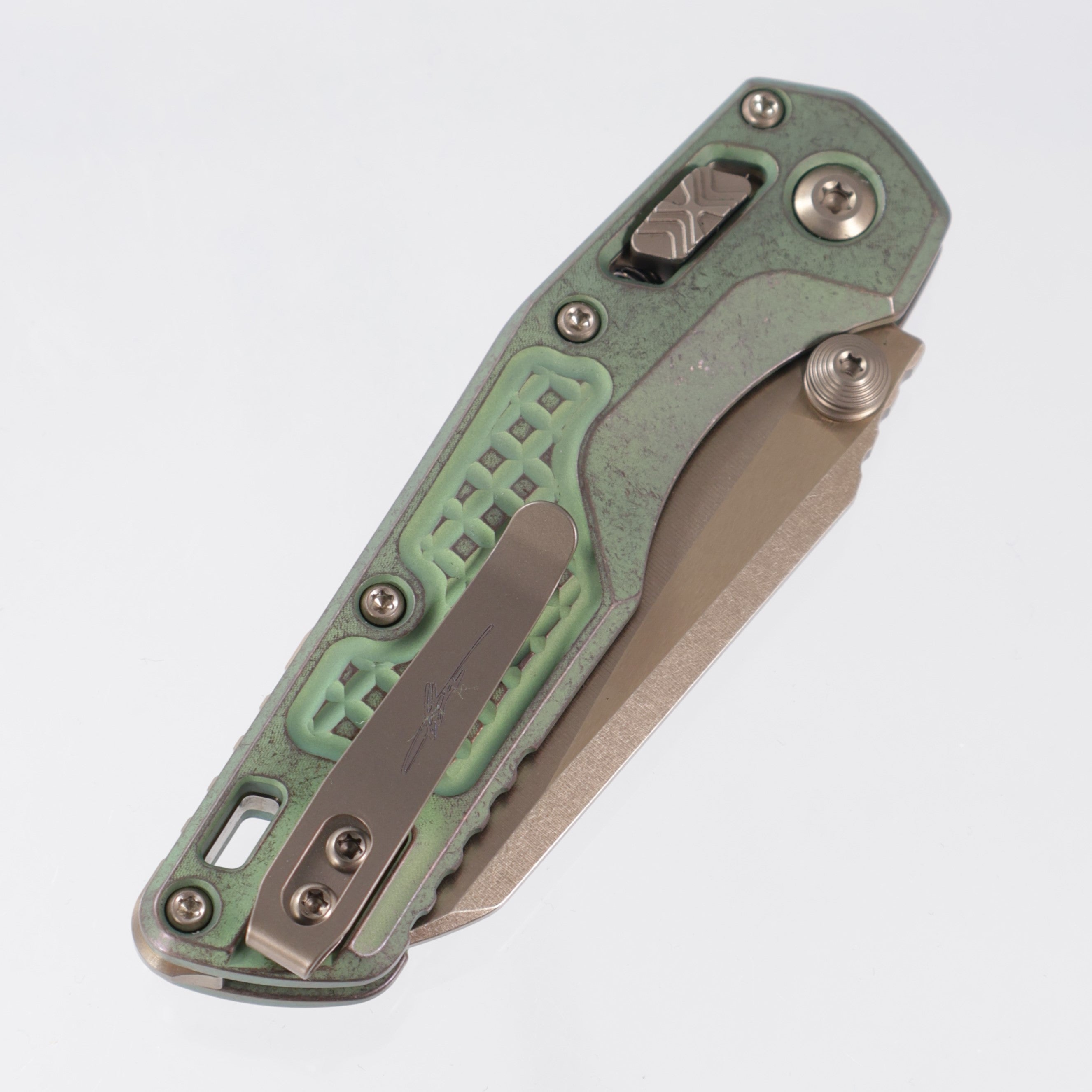 Microtech Marfione Select MSI Mini - Antique Green Frag Titanium w/ Bronze Hardware - Bronze Stonewash M390MK - 210M-13FRMS2