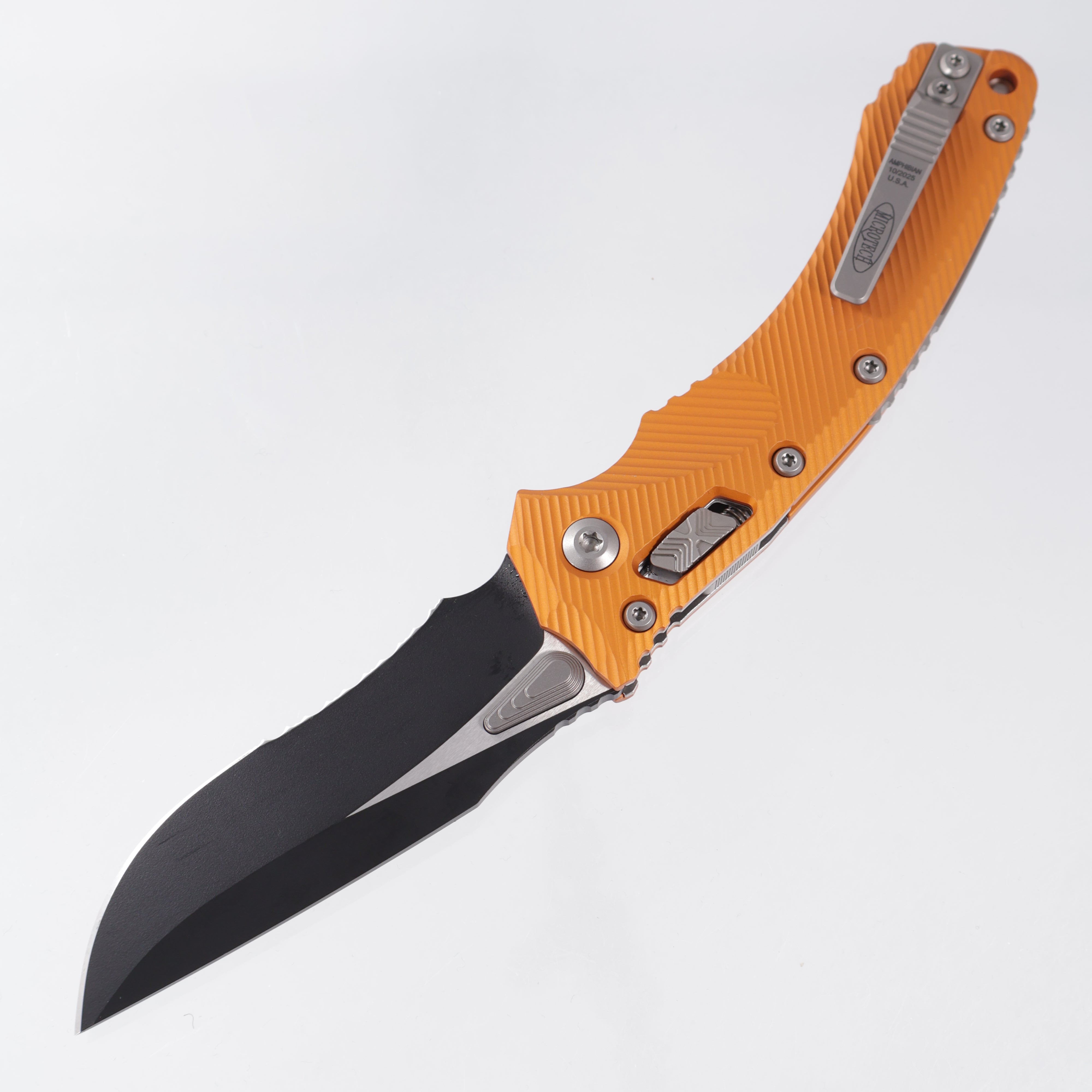 Microtech Amphibian - Orange Tangerine Fluted Aluminum - 2-Tone Black Partial Serrate M390MK - 137RL-2 FLOT
