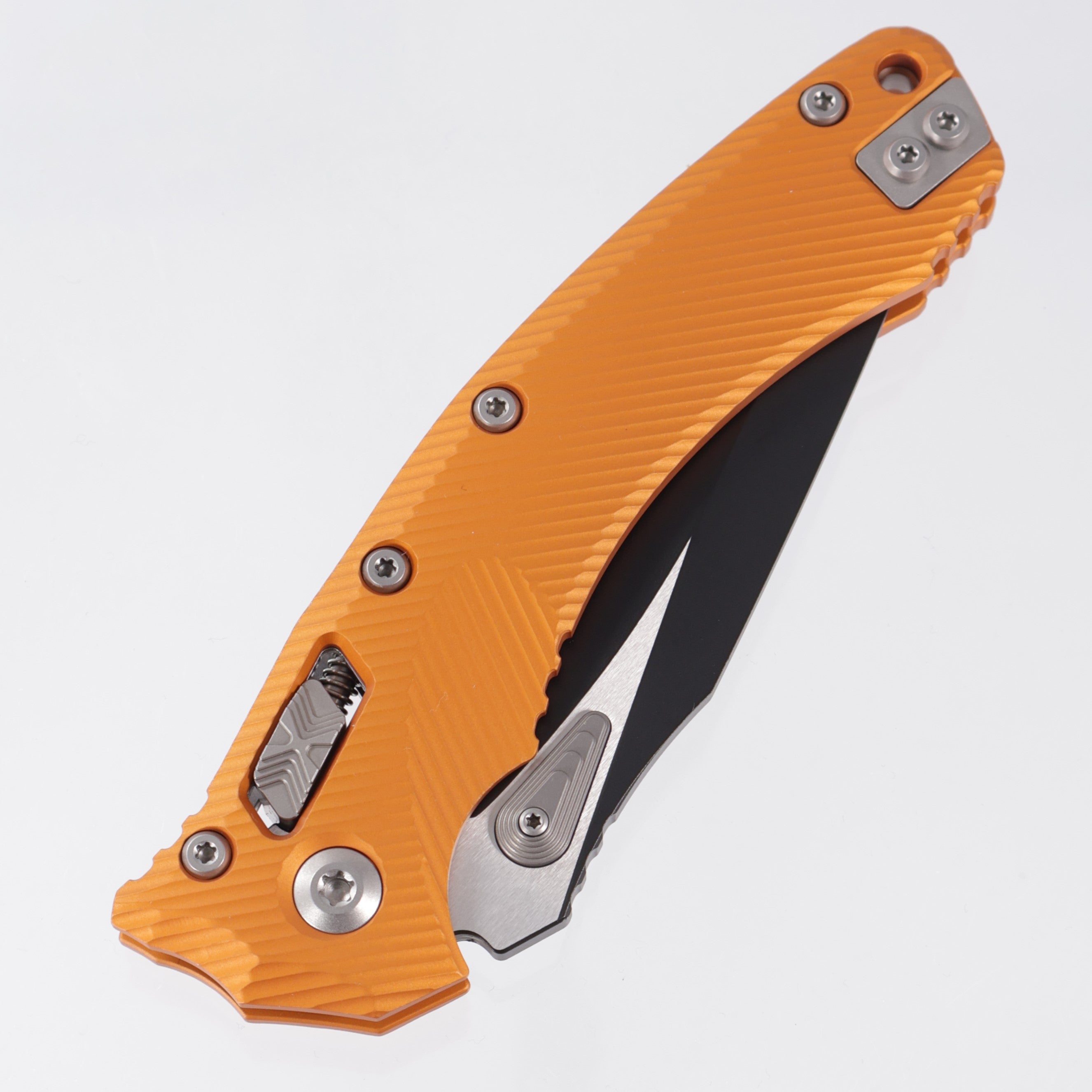 Microtech Amphibian - Orange Tangerine Fluted Aluminum - 2-Tone Black Partial Serrate M390MK - 137RL-2 FLOT