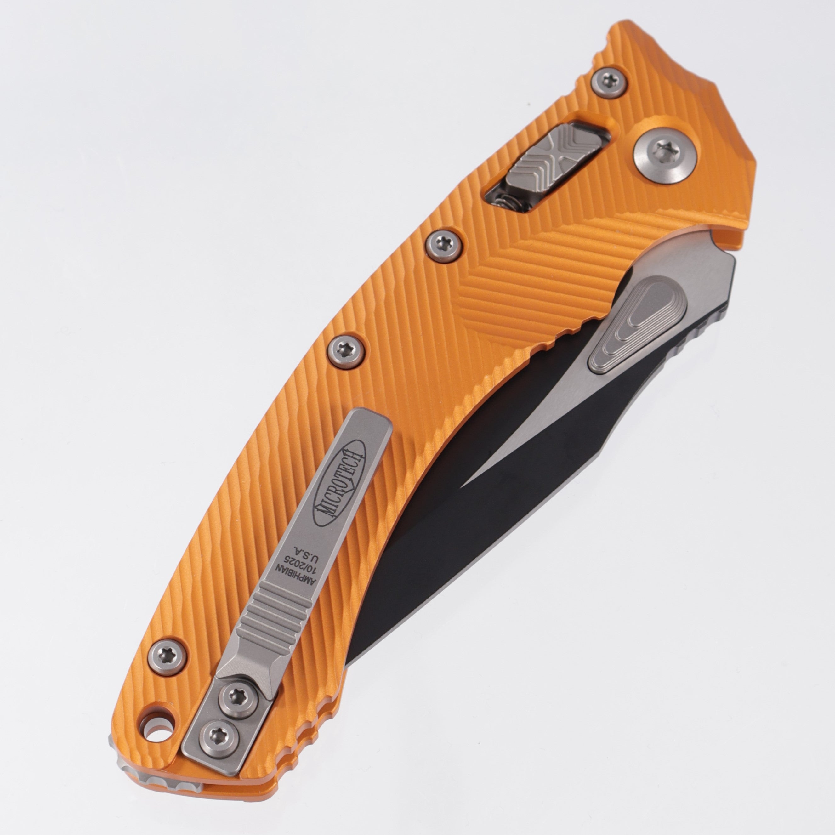 Microtech Amphibian - Orange Tangerine Fluted Aluminum - 2-Tone Black Partial Serrate M390MK - 137RL-2 FLOT