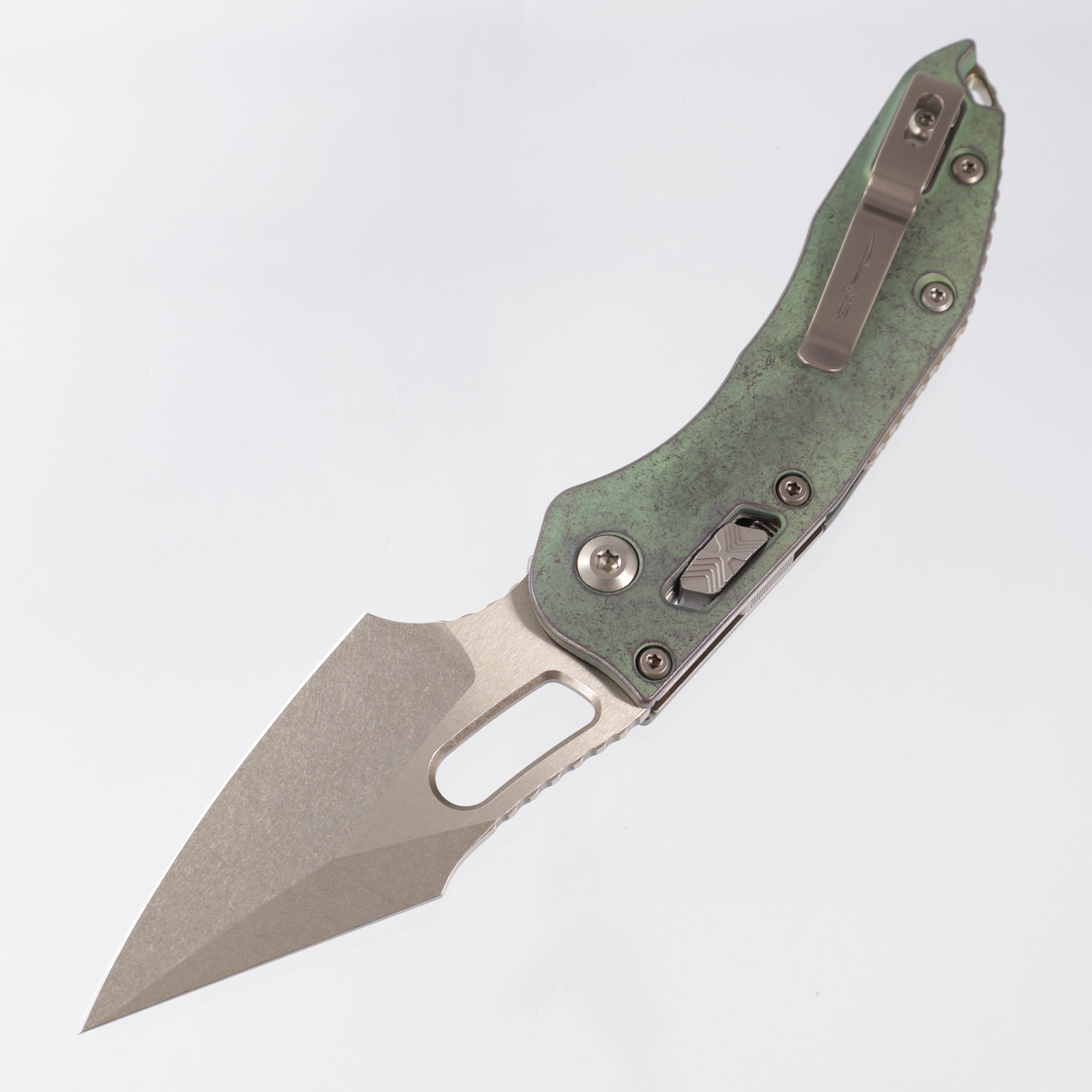 Microtech Marfione Select Stitch Ram-Lok - Antique Green Smooth Titanium w/ Bronze Hardware - Bronze Stonewash M390MK - 169RL-13MS1