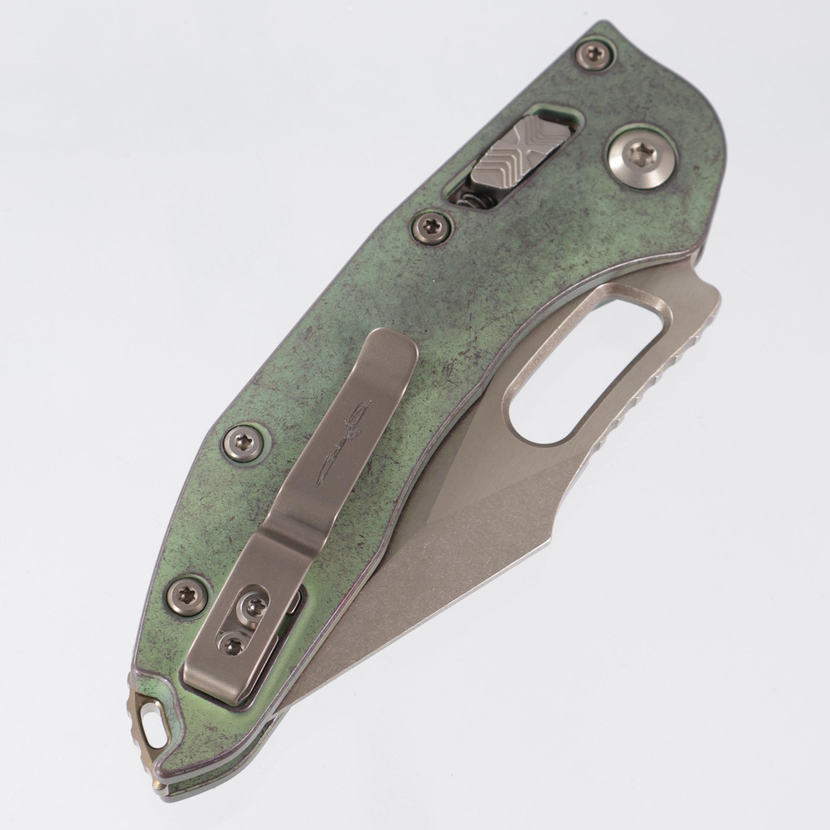 Microtech Marfione Select Stitch Ram-Lok - Antique Green Smooth Titanium w/ Bronze Hardware - Bronze Stonewash M390MK - 169RL-13MS1