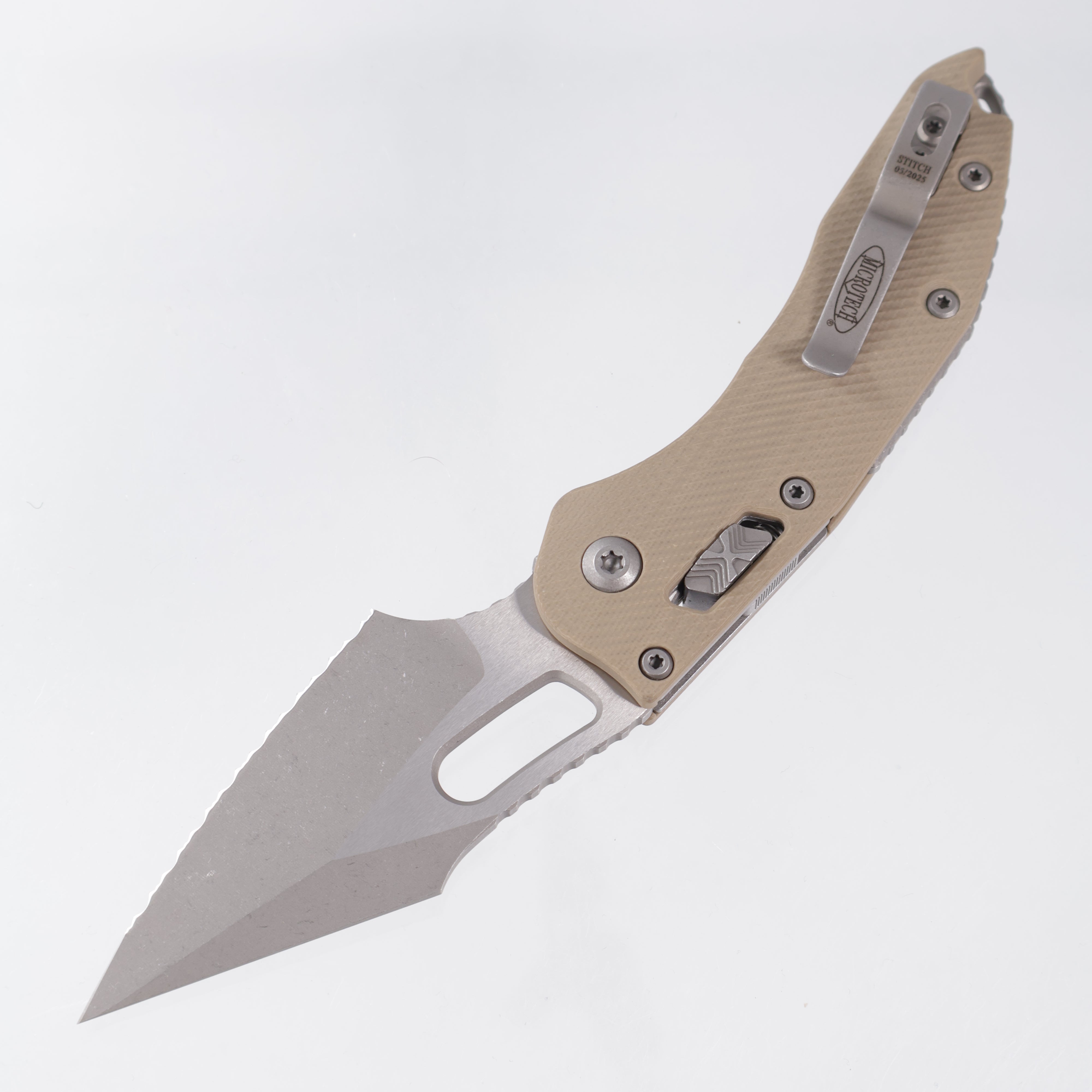 Microtech Stitch Ram-Lok - Tan Fluted G10 - Apocalyptic Full Serrate M390MK - 169RL-12 APFLGTTA