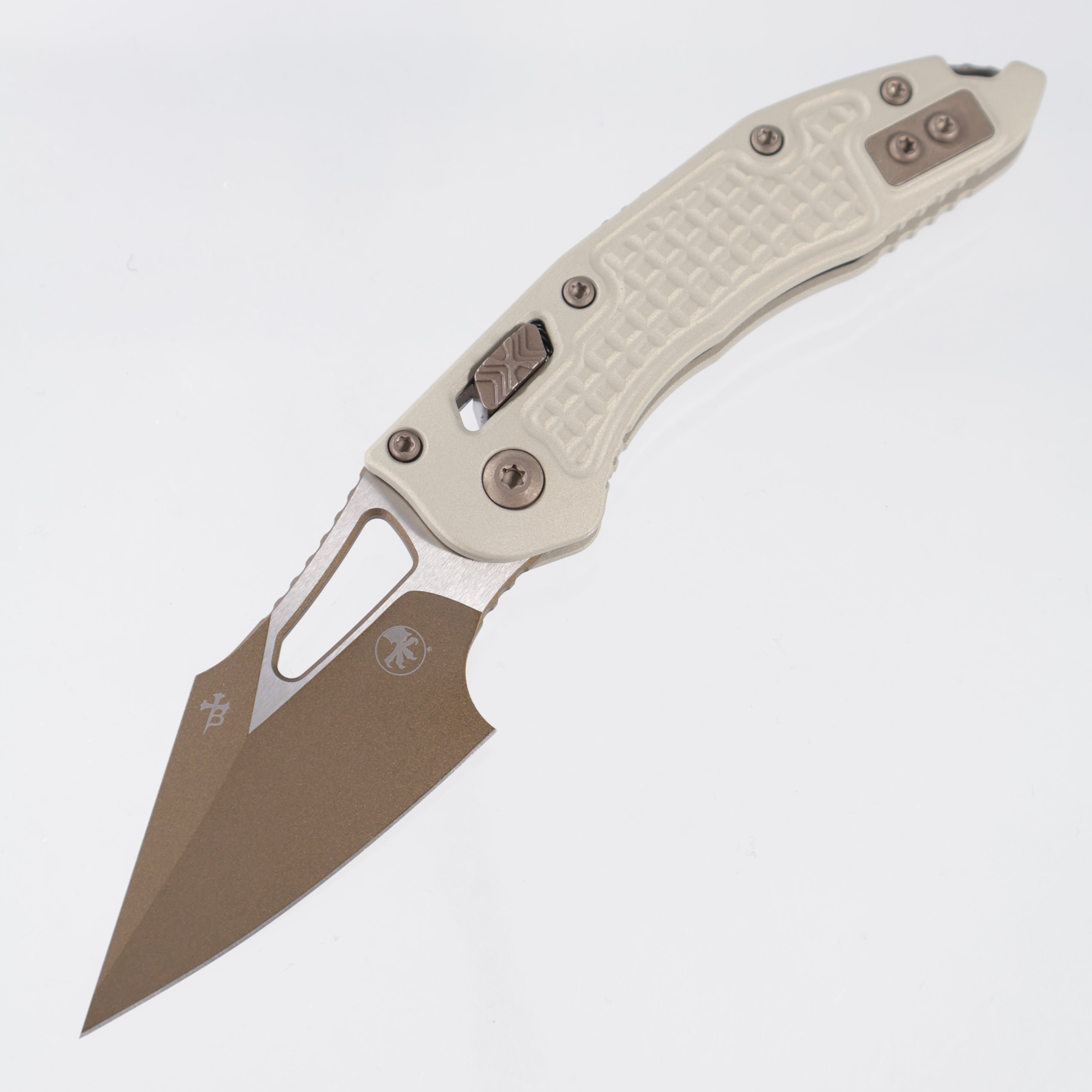 Microtech Stitch Mini Ram-Lok - Champagne Frag Aluminum w/ Bronze Apocalytic Hardware - TwoTone Gold M390MK - 169MRL-1 FRCG-C19Z23