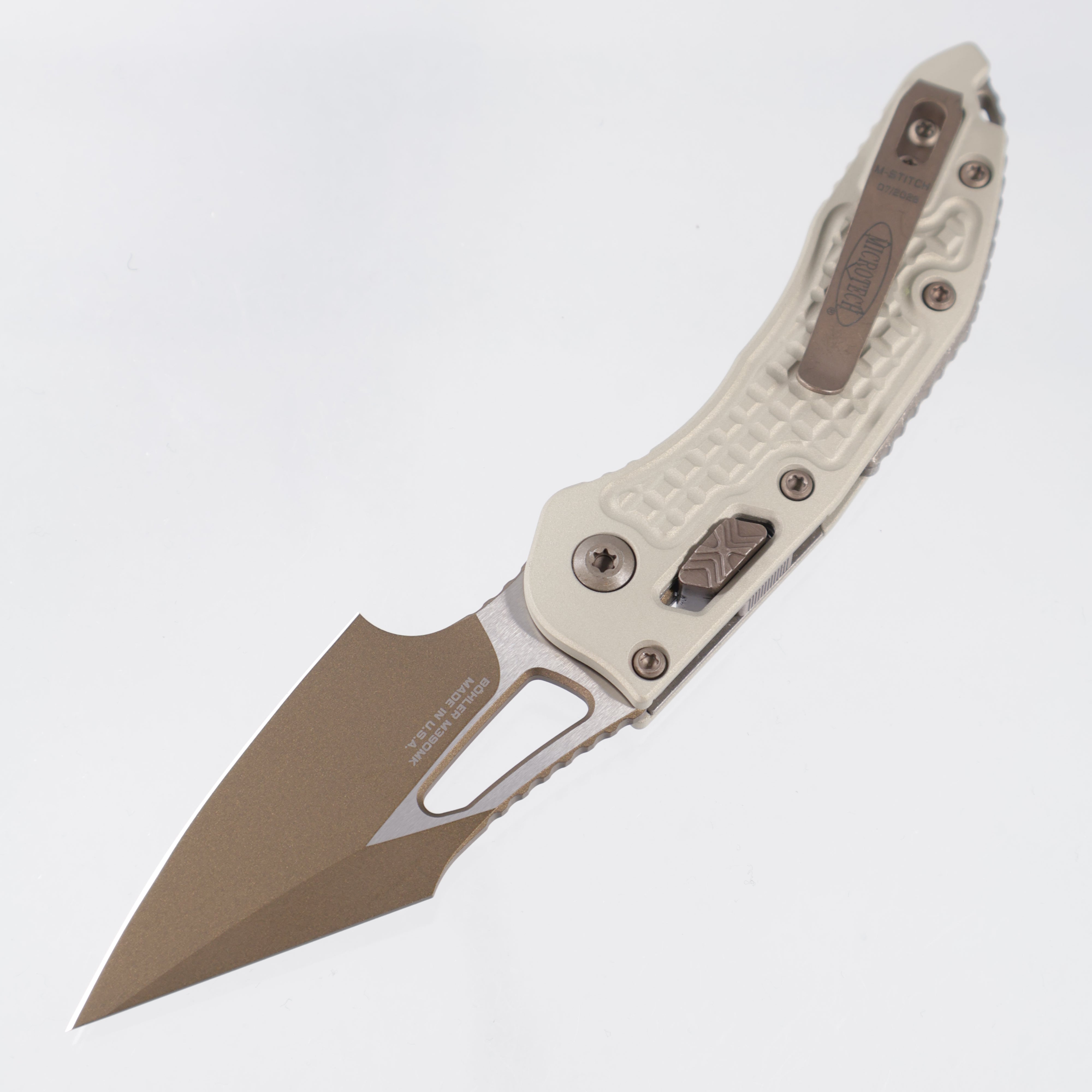 Microtech Stitch Mini Ram-Lok - Champagne Frag Aluminum w/ Bronze Apocalytic Hardware - TwoTone Gold M390MK - 169MRL-1 FRCG-C19Z23