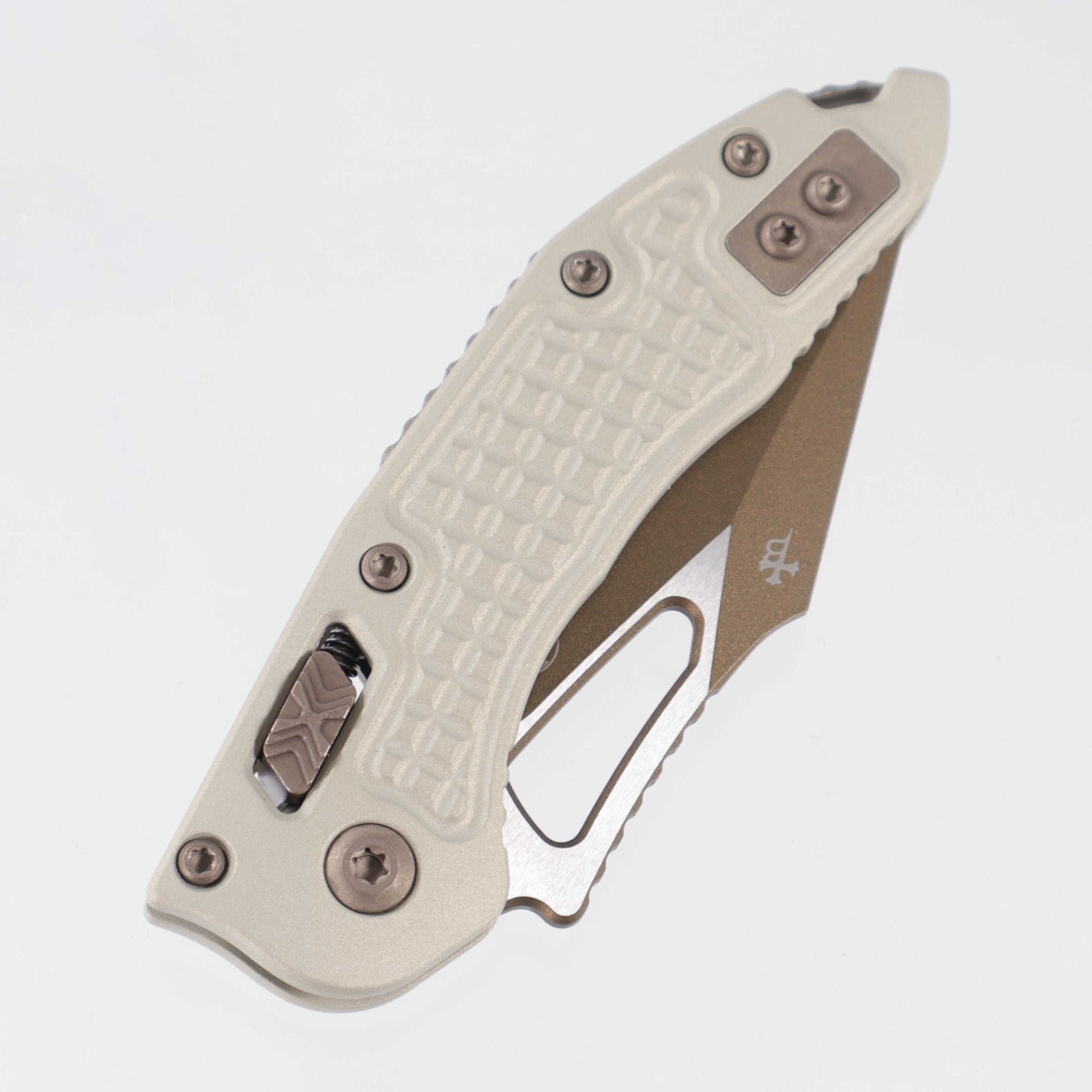 Microtech Stitch Mini Ram-Lok - Champagne Frag Aluminum w/ Bronze Apocalytic Hardware - TwoTone Gold M390MK - 169MRL-1 FRCG-C19Z23