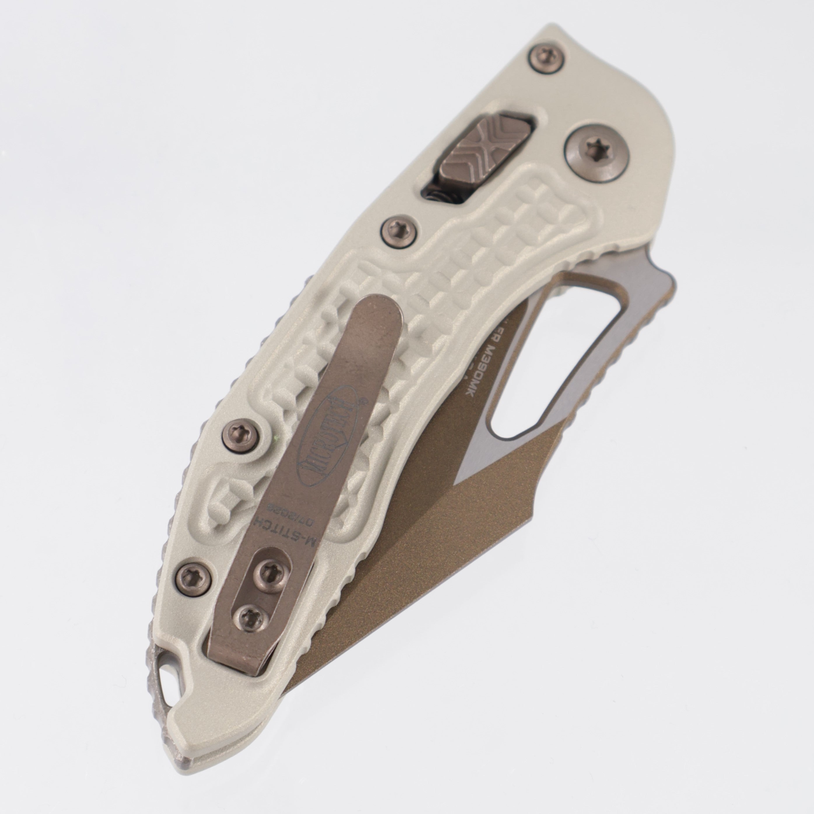 Microtech Stitch Mini Ram-Lok - Champagne Frag Aluminum w/ Bronze Apocalytic Hardware - TwoTone Gold M390MK - 169MRL-1 FRCG-C19Z23