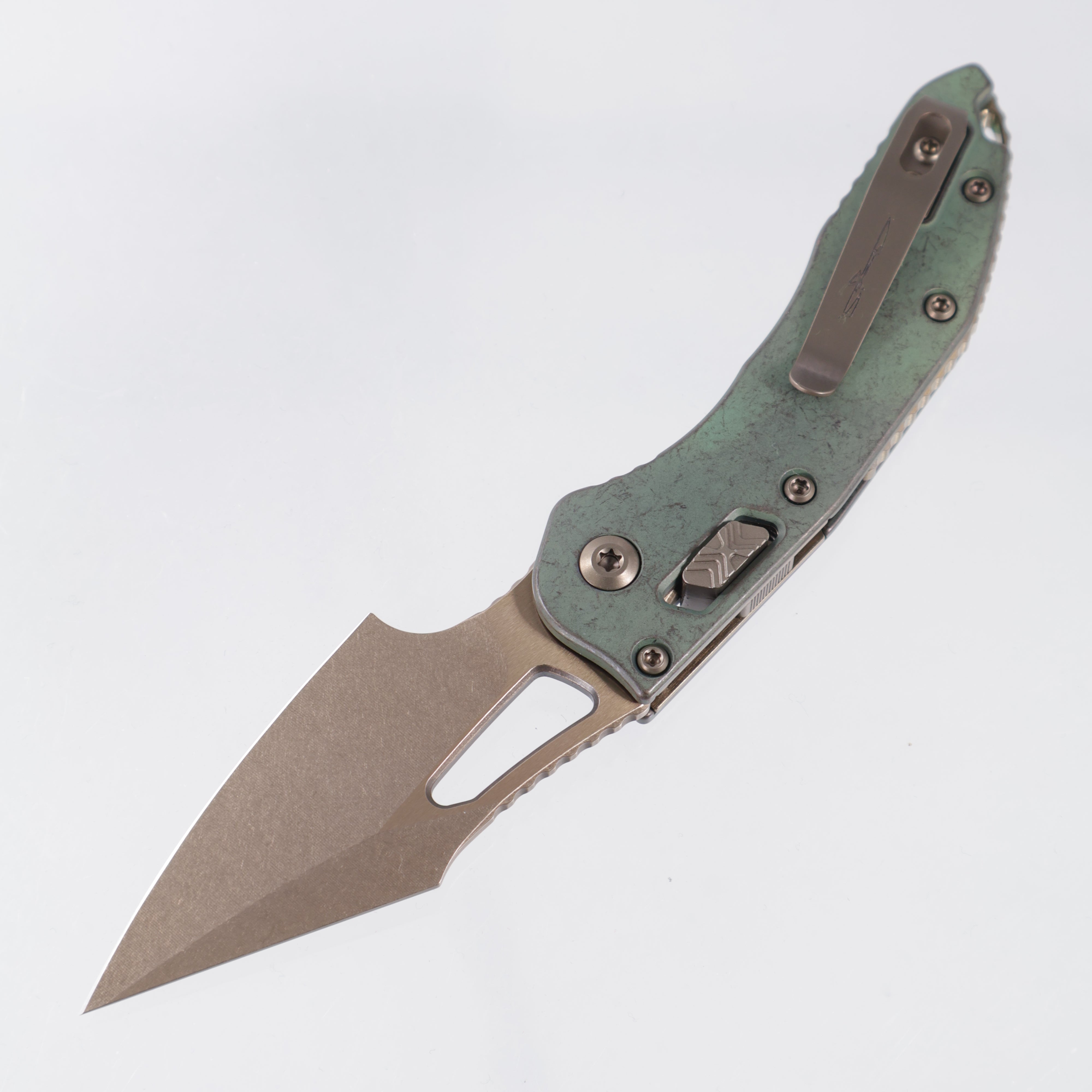 Microtech Marfione Select Stitch Mini Ram-Lok - Antique Green Smooth Titanium w/ Bronze Hardware - Bronze Stonewash M390MK - 169MRL-13MS1