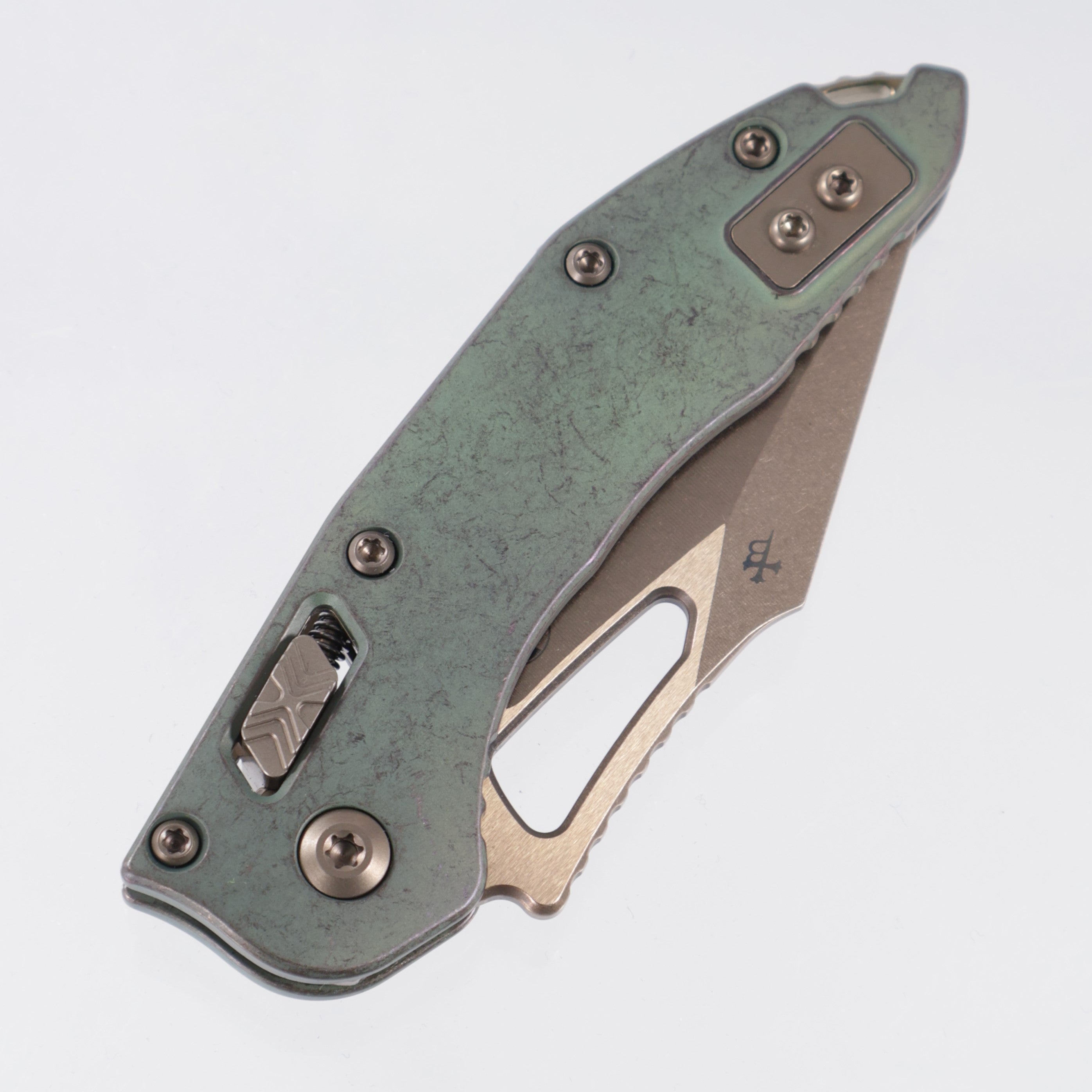 Microtech Marfione Select Stitch Mini Ram-Lok - Antique Green Smooth Titanium w/ Bronze Hardware - Bronze Stonewash M390MK - 169MRL-13MS1