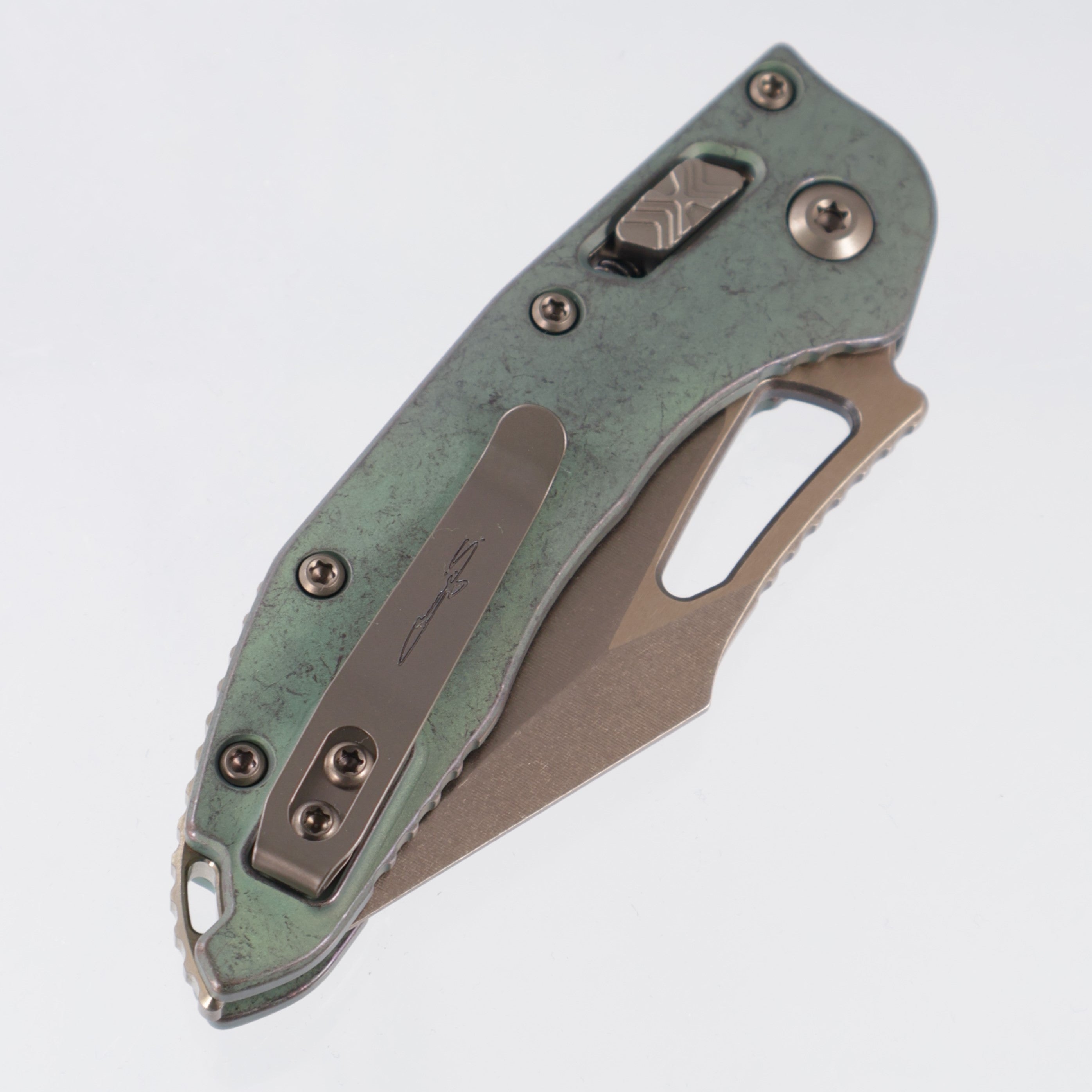 Microtech Marfione Select Stitch Mini Ram-Lok - Antique Green Smooth Titanium w/ Bronze Hardware - Bronze Stonewash M390MK - 169MRL-13MS1
