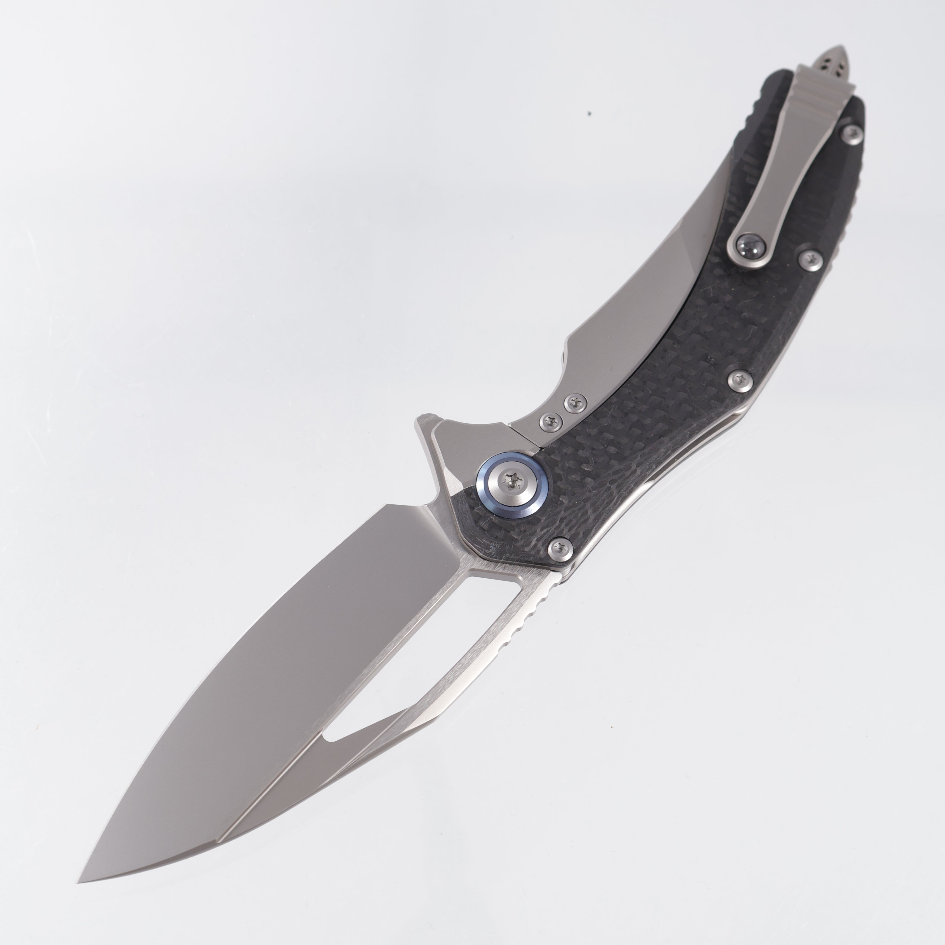 Microtech x Rike Matrix - Titanium Handle w Carbon Fiber Scales & Blue Ti Pivot Collars - Beadblast M390 -165C-7 CFTI