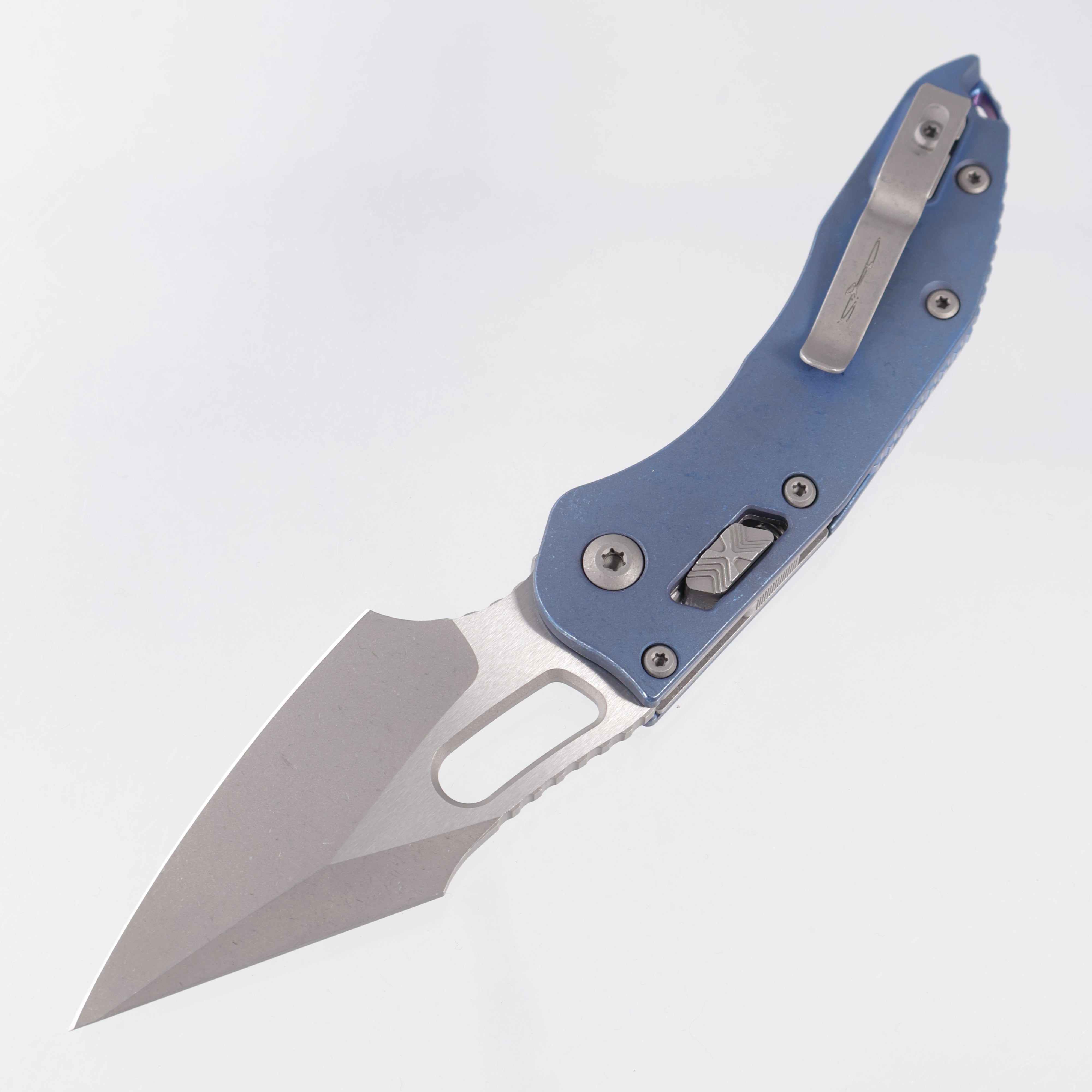 Microtech Marfione Select Stitch Ram-Lok - Antique Blue Smooth Titanium w/ Apocalyptic Stainless Hardware - Apocalyptic M390MK - 169RL-10APMS2