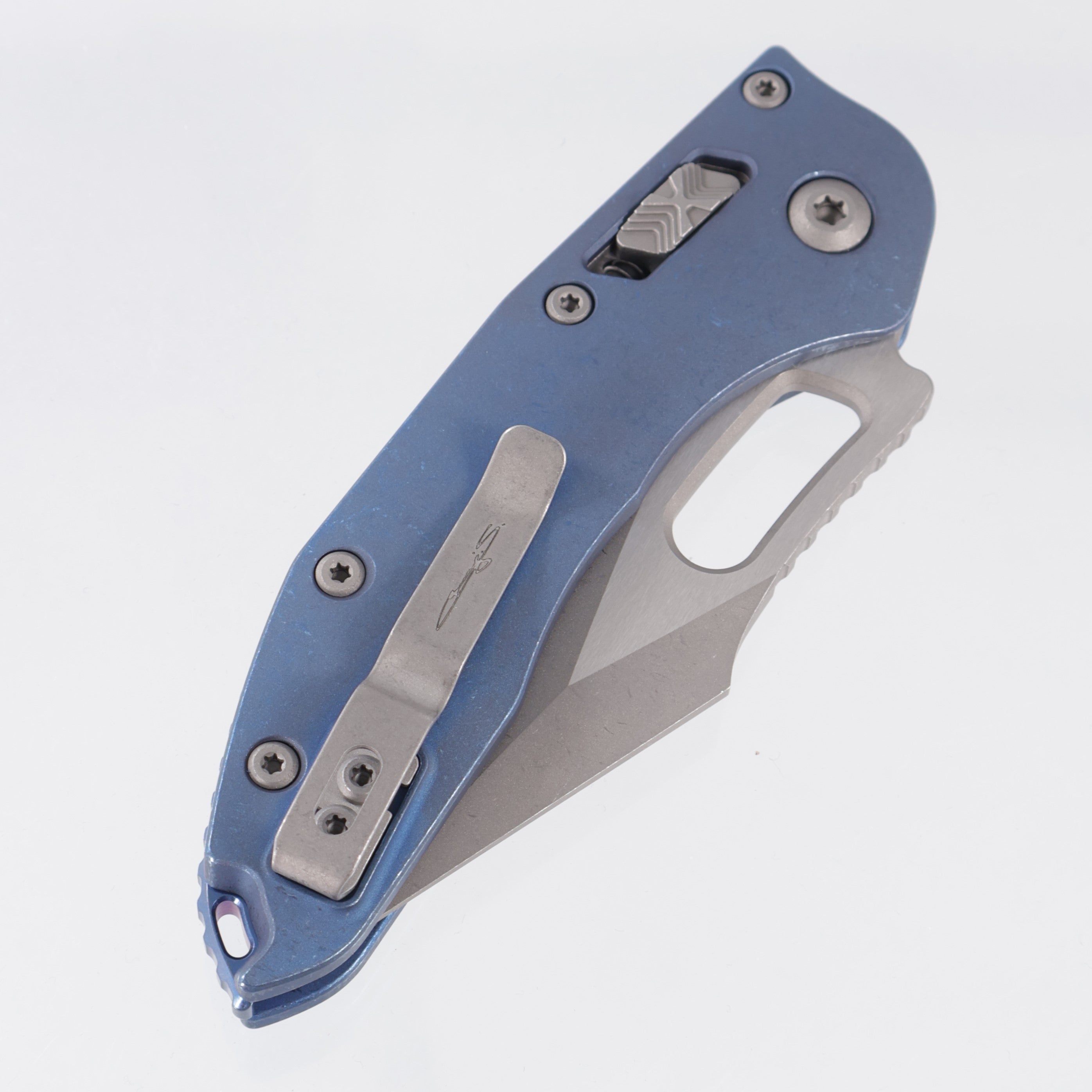 Microtech Marfione Select Stitch Ram-Lok - Antique Blue Smooth Titanium w/ Apocalyptic Stainless Hardware - Apocalyptic M390MK - 169RL-10APMS2
