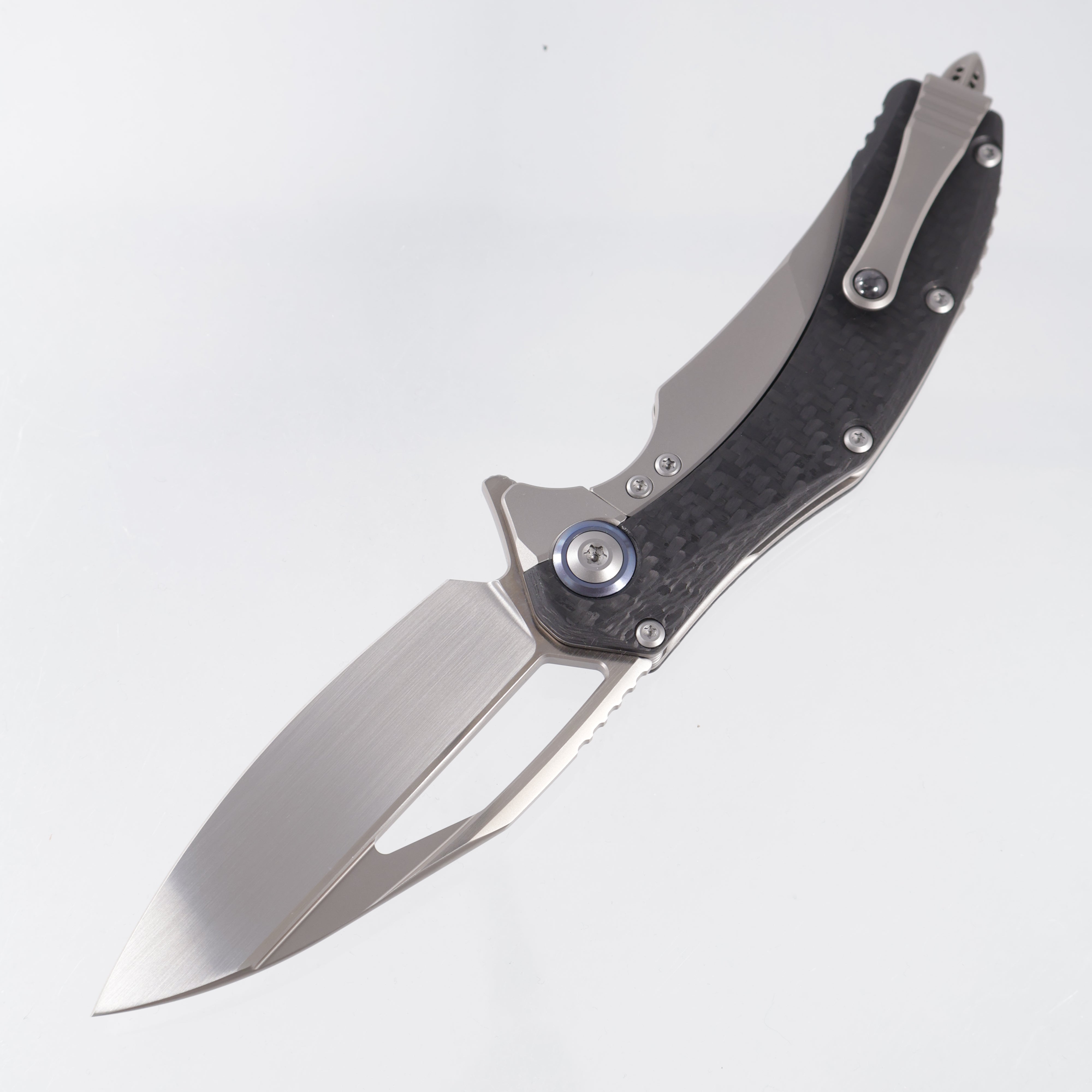 Microtech x Rike Matrix - Titanium Handle w Carbon Fiber Scales & Blue Ti Pivot Collars - Hand Rubbed Satin M390 - 165C-4 CFTI