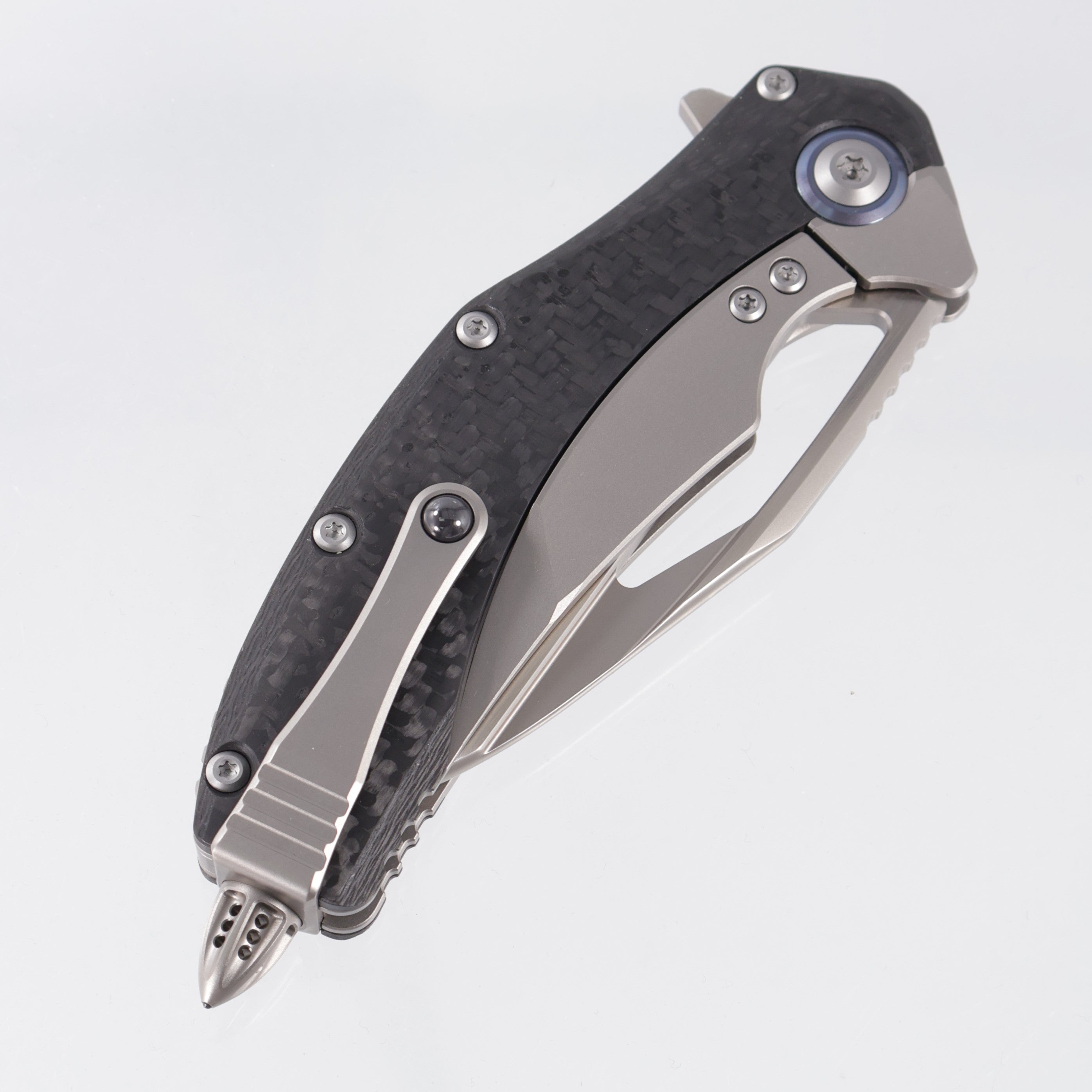 Microtech x Rike Matrix - Titanium Handle w Carbon Fiber Scales & Blue Ti Pivot Collars - Hand Rubbed Satin M390 - 165C-4 CFTI