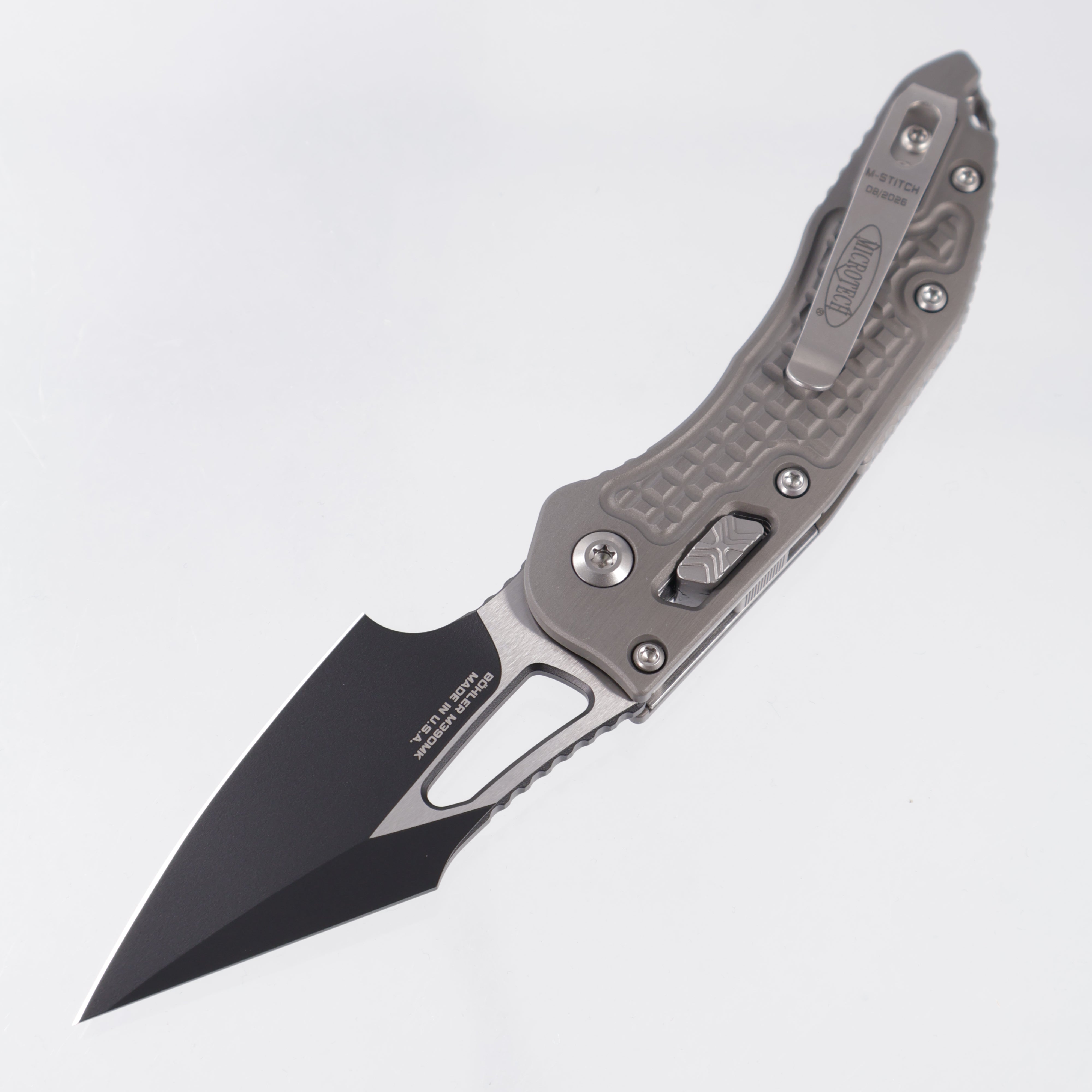 Microtech Stitch Mini Ram-Lok - Natural Clear Frag Aluminum - Black Standard M390MK - 169MRL-1 FRNC