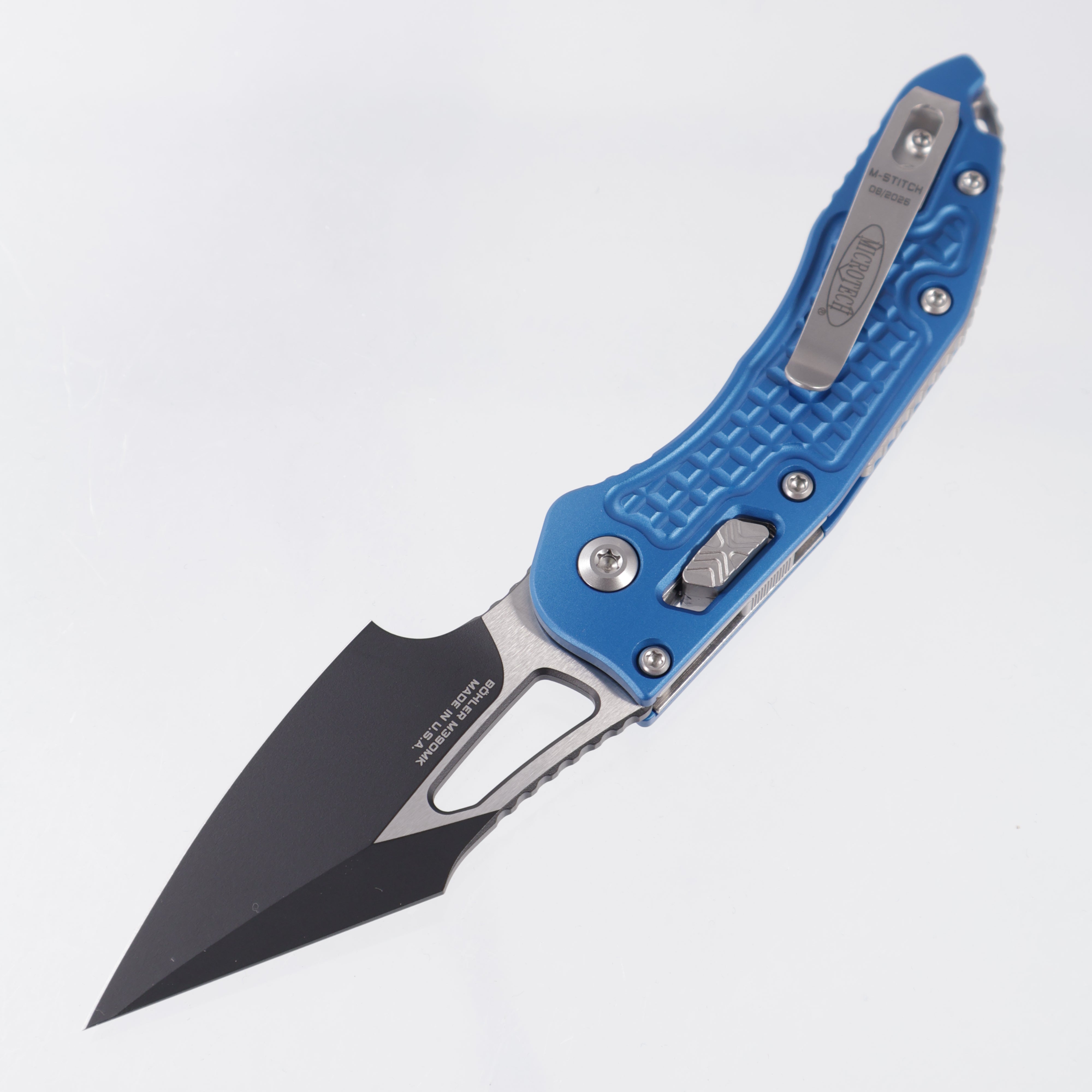 Microtech Stitch Mini Ram-Lok - Blue Frag Aluminum - Black Standard M390MK - 169MRL-1 FRBL