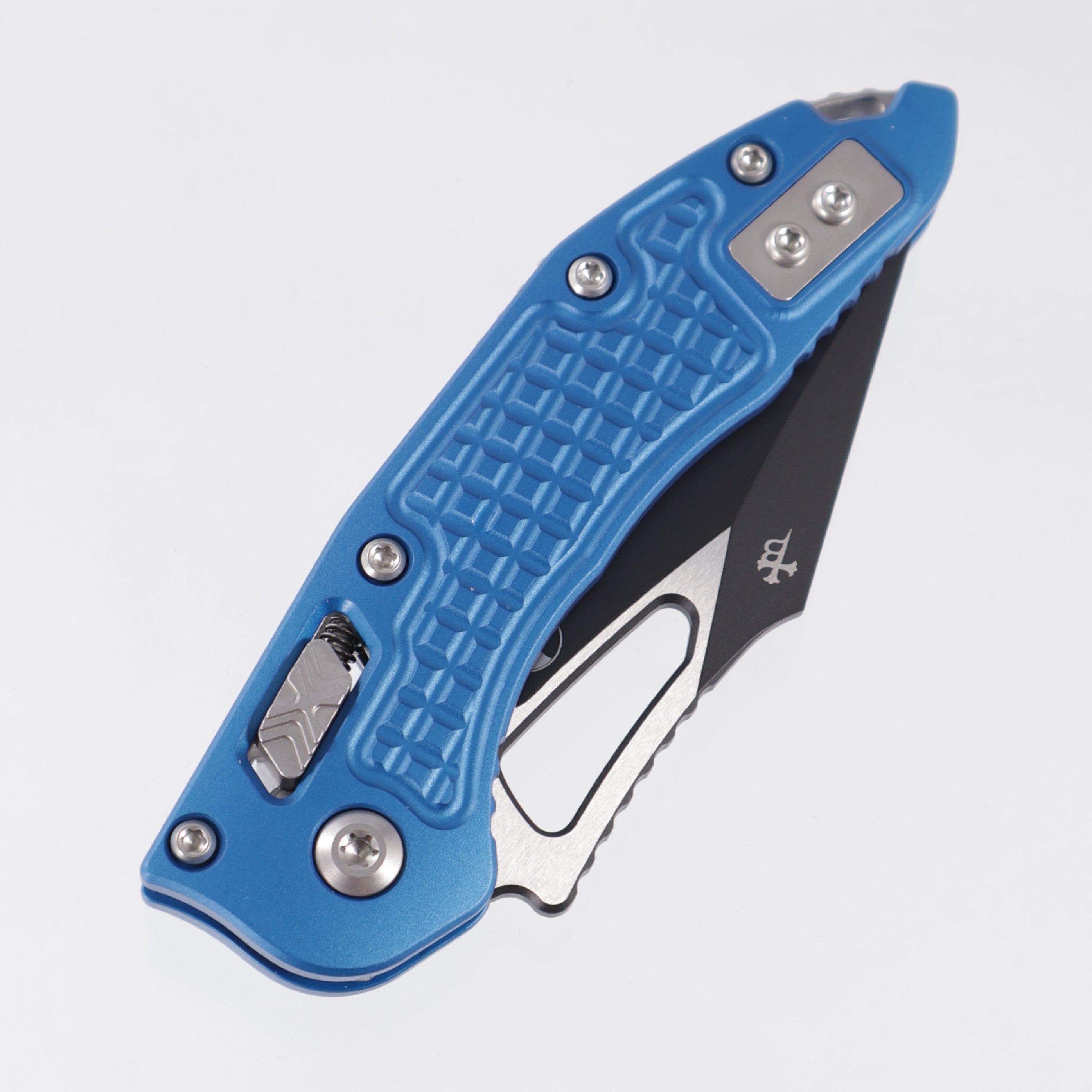 Microtech Stitch Mini Ram-Lok - Blue Frag Aluminum - Black Standard M390MK - 169MRL-1 FRBL