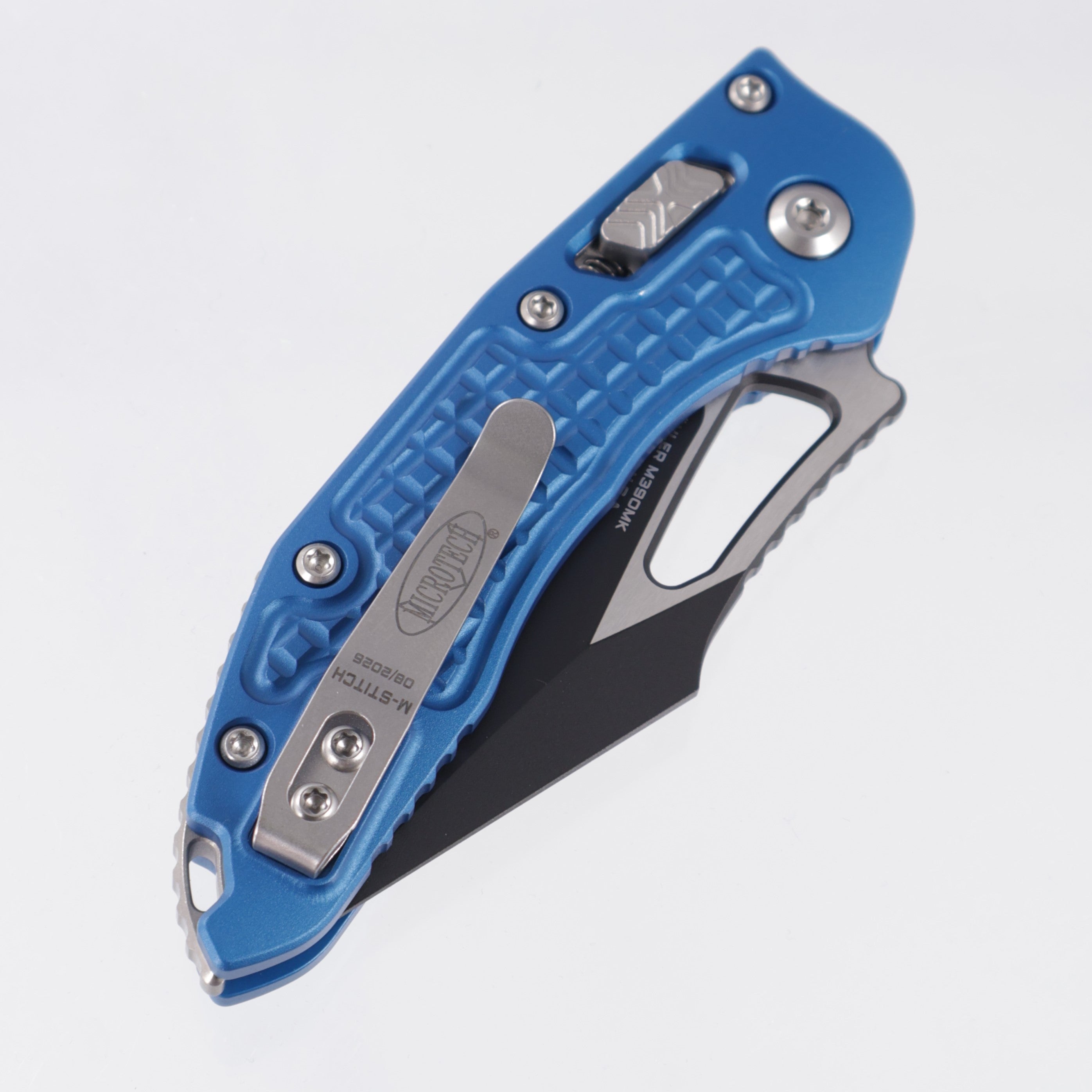 Microtech Stitch Mini Ram-Lok - Blue Frag Aluminum - Black Standard M390MK - 169MRL-1 FRBL
