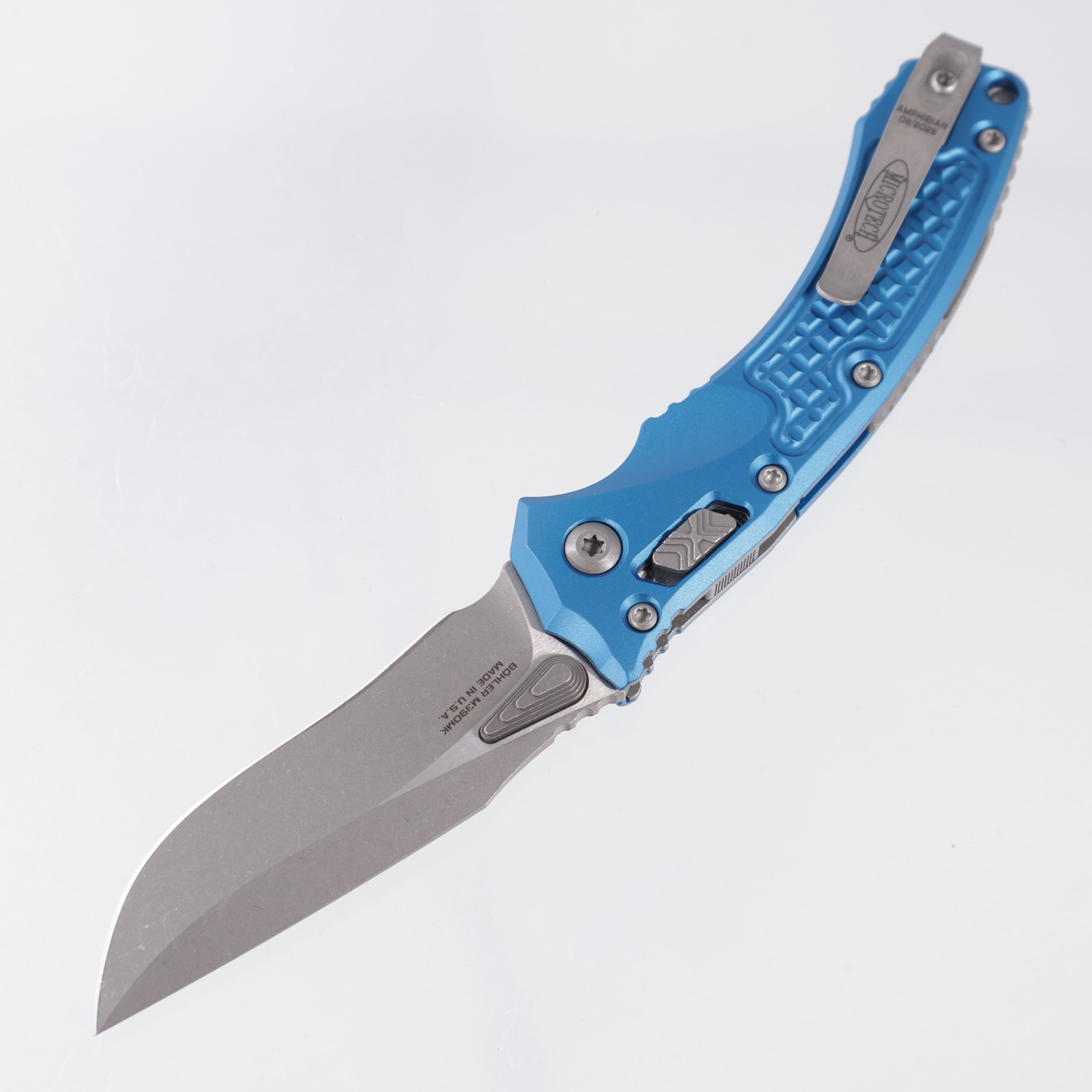 Microtech Amphibian Mini - Blue Frag Aluminum - Apocalyptic M390MK - 137MRL-10 APFRBL