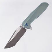 NCC Knives Ragnarok V1 #159 - Green/Blue Ano 3D Zipper Milled Titanium Scales w/ Blue Hardware & Accents - Acidwash/Satin S45VN Harpoon Tanto