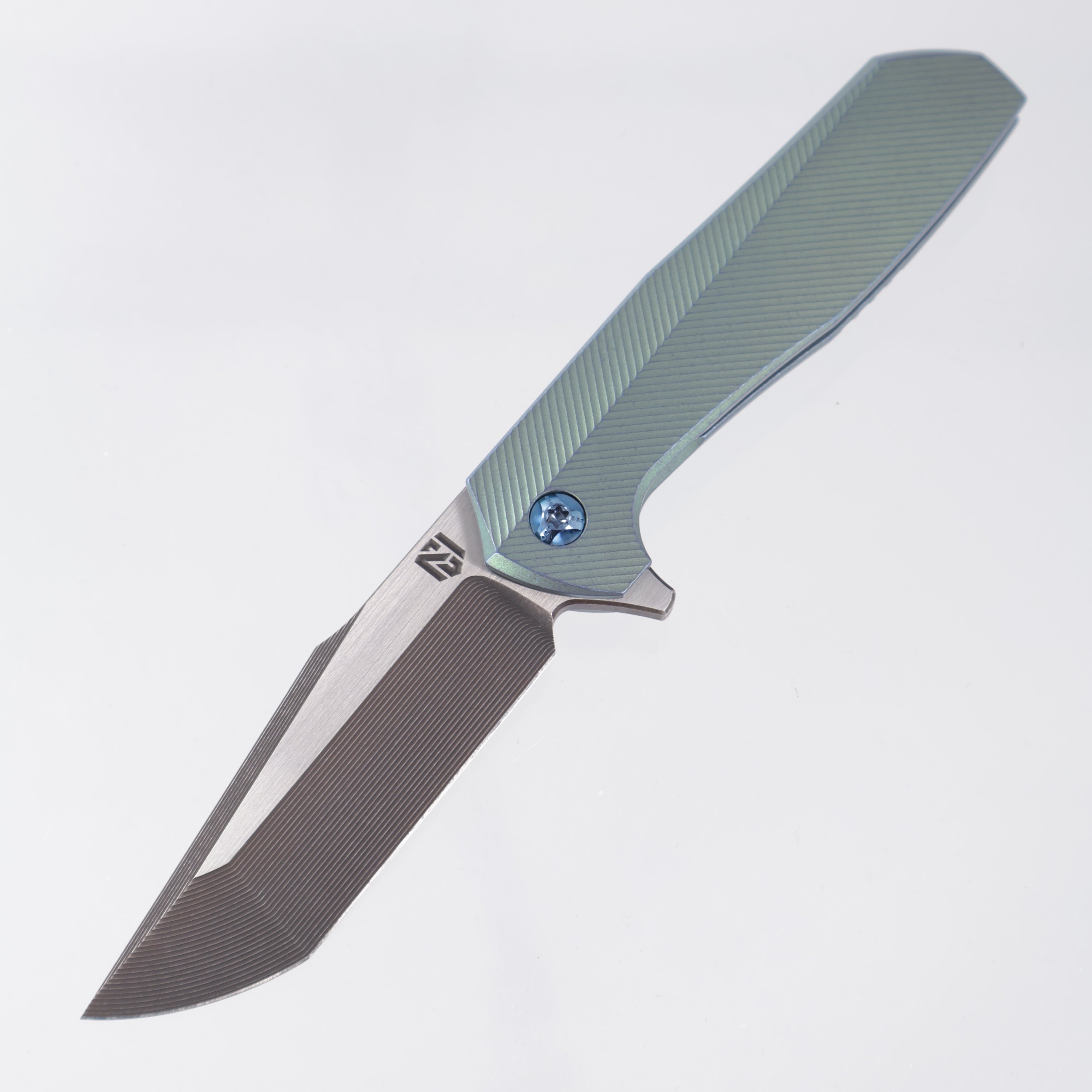 NCC Knives Ragnarok V1 #159 - Green/Blue Ano 3D Zipper Milled Titanium Scales w/ Blue Hardware & Accents - Acidwash/Satin S45VN Harpoon Tanto