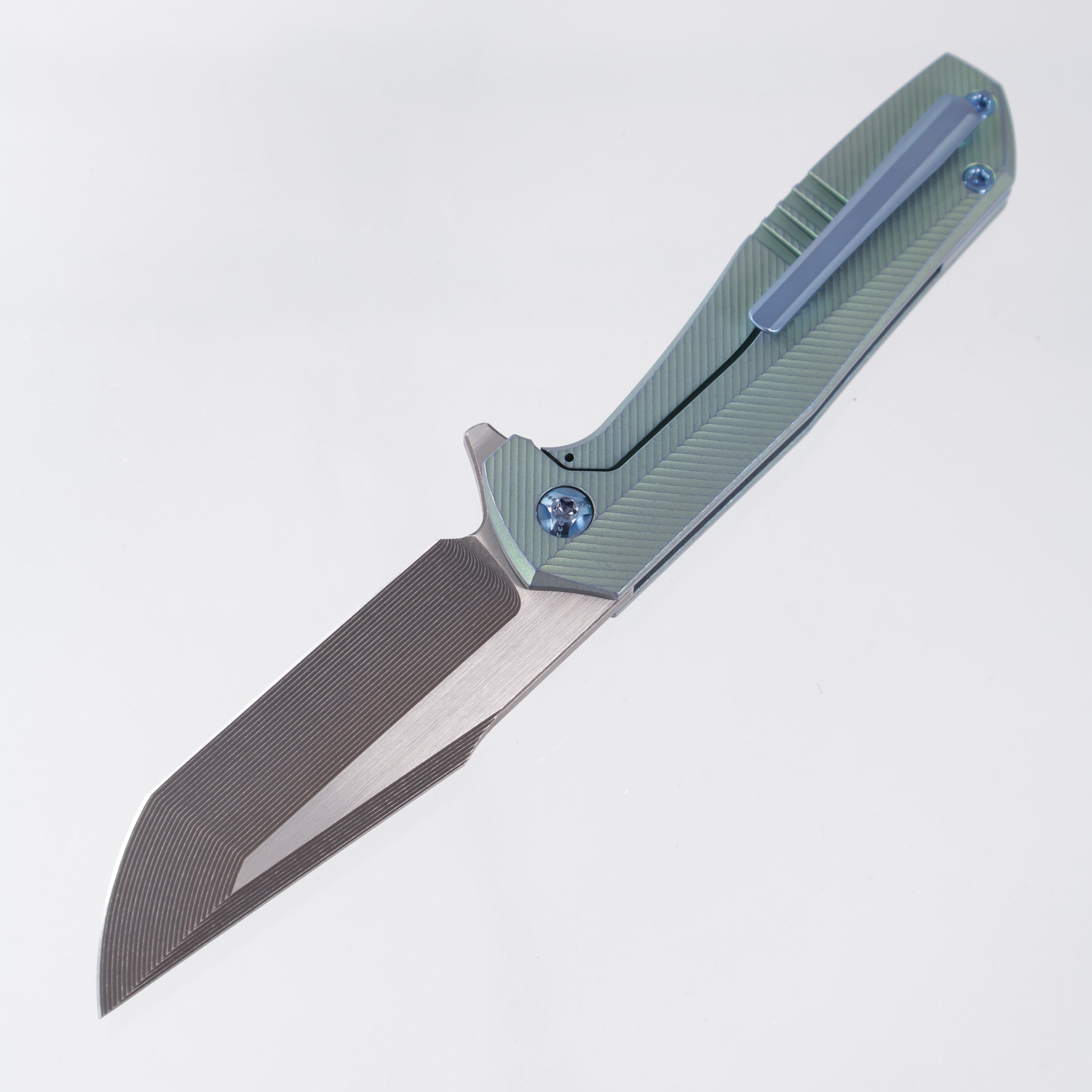 NCC Knives Ragnarok V1 #159 - Green/Blue Ano 3D Zipper Milled Titanium Scales w/ Blue Hardware & Accents - Acidwash/Satin S45VN Harpoon Tanto