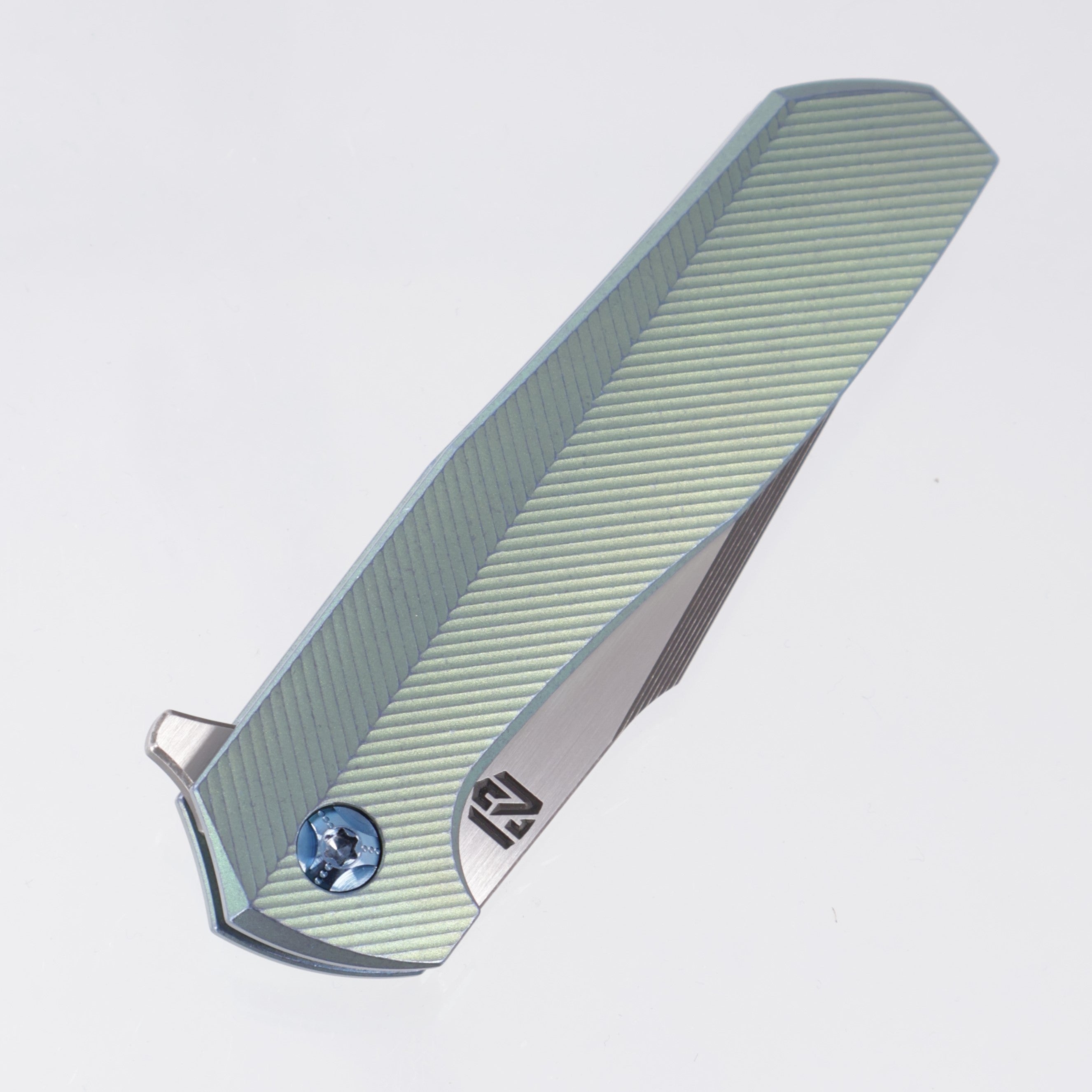 NCC Knives Ragnarok V1 #159 - Green/Blue Ano 3D Zipper Milled Titanium Scales w/ Blue Hardware & Accents - Acidwash/Satin S45VN Harpoon Tanto